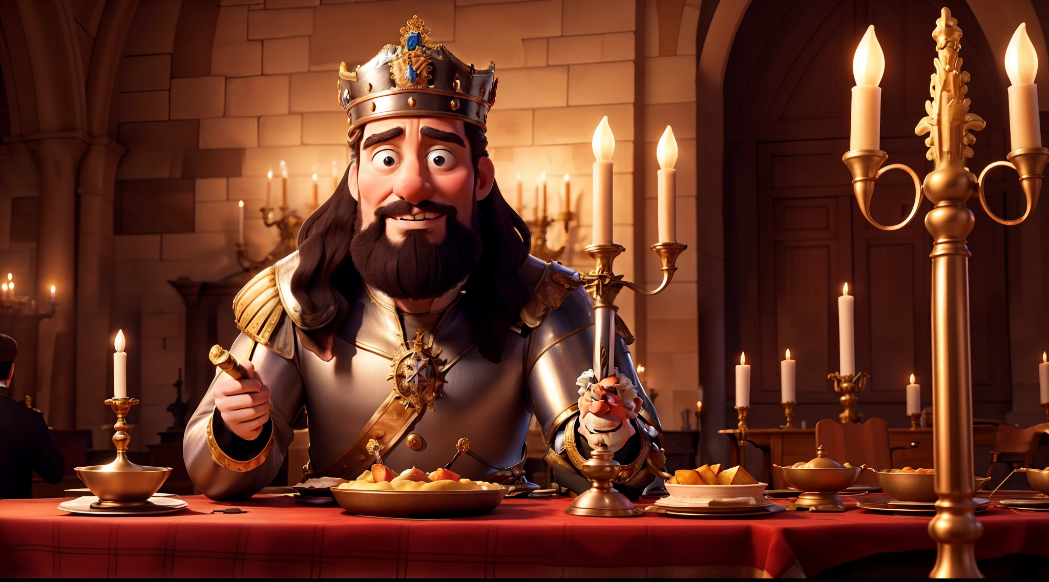 King Charlemagne, tall, imposing, look at the room, illuminated face, castle, dining room, sword, lights, guests at the table