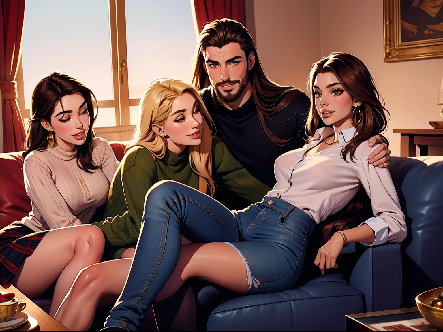 One Handsome Chad hugging three beautiful bitches tackling him and touching him,  dressed in sweaters and buttoned-shirts and skirts and jeans, perfect bodies, women: long flowing hair, revealing clothing, seductive, materials, golden hour, , jewelry, golden hour, photorealistic, masterpiece, in love, grins, perfect faces, Flirtatious, setting: a living room sofa, Christmas decorations, harem, watercolor,