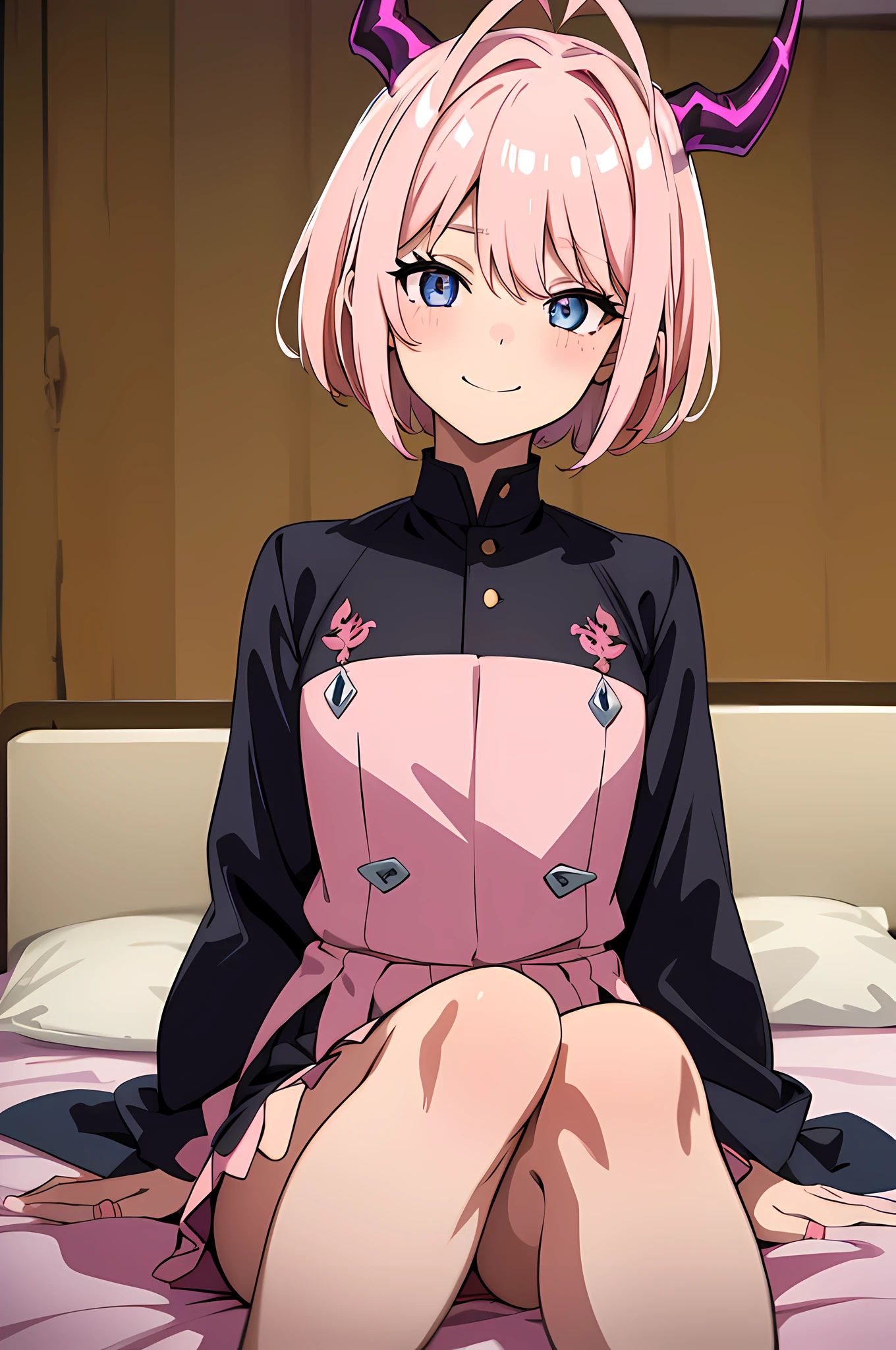 1 girl, dragon horns, (beautiful eyes finely detailed, Face to detail, pink hair color, short hair), oldschool black magical student uniform, long skirt, sitting on bed with arms behind her back, mischievous facial expression, smiling, blush on her face, camera angle from top, full body, masterpiece sidelighting, ​masterpiece, top-quality, detailed, High resolution illustration