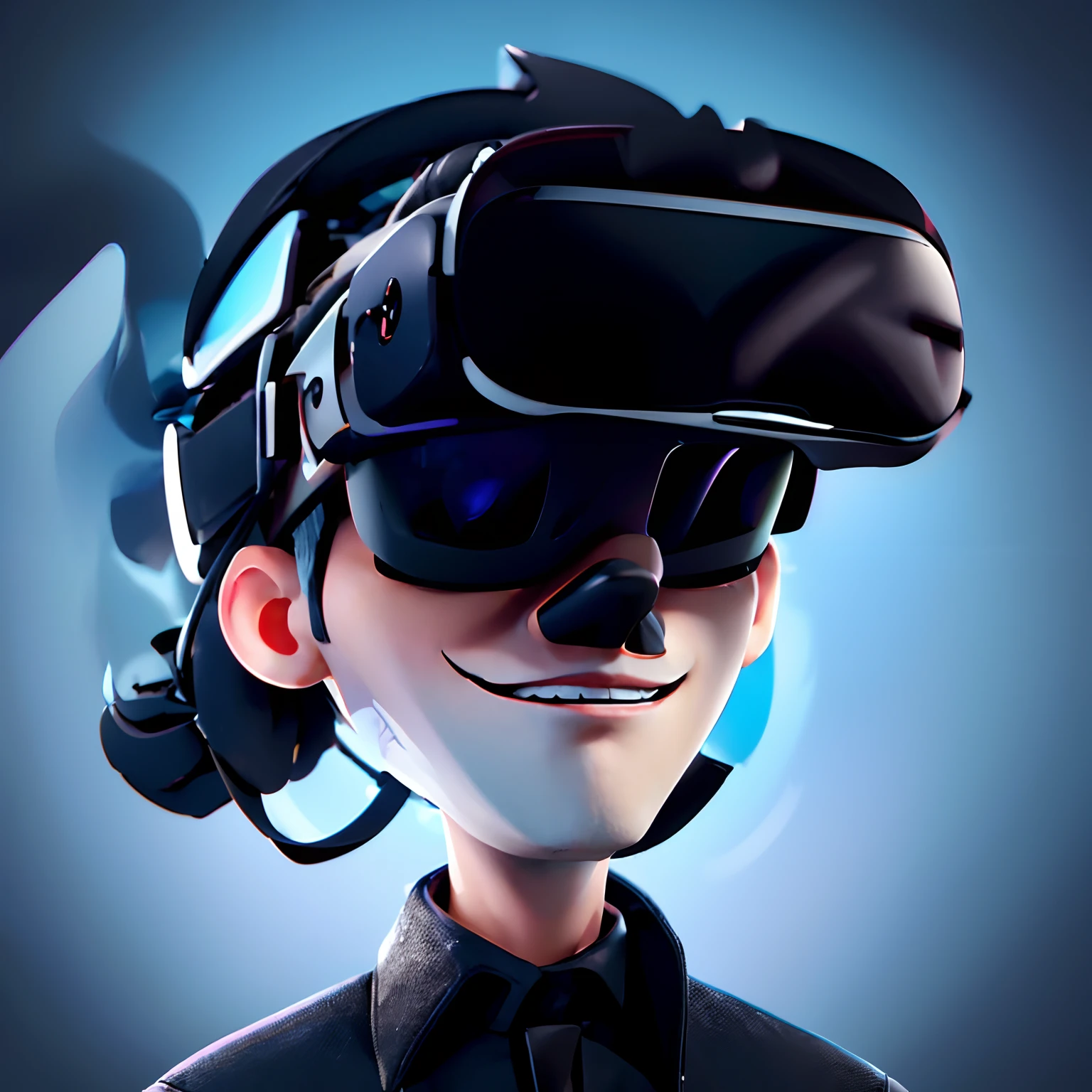 (((vectorstyle))), Close up, (((A man wearing VR glasses))), (((Super detailed))), There are drones flying in the air,Walking, Black and blue hair, Dark clothes, Tonal Colors, Detailed