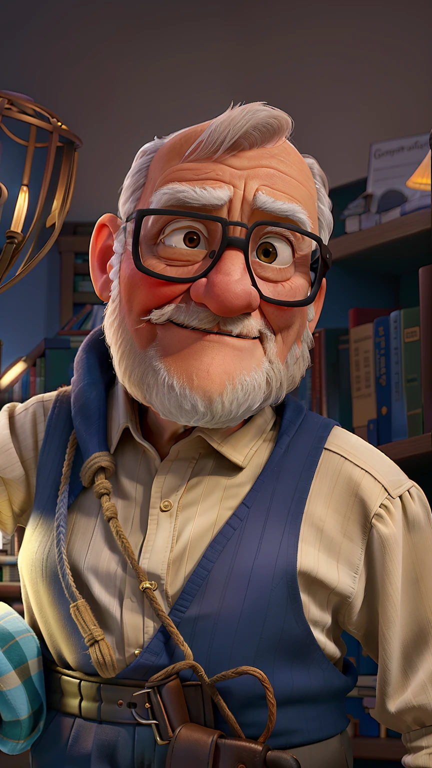 A wise old man standing in front, illuminated by the light of a lamp, against the backdrop of a library