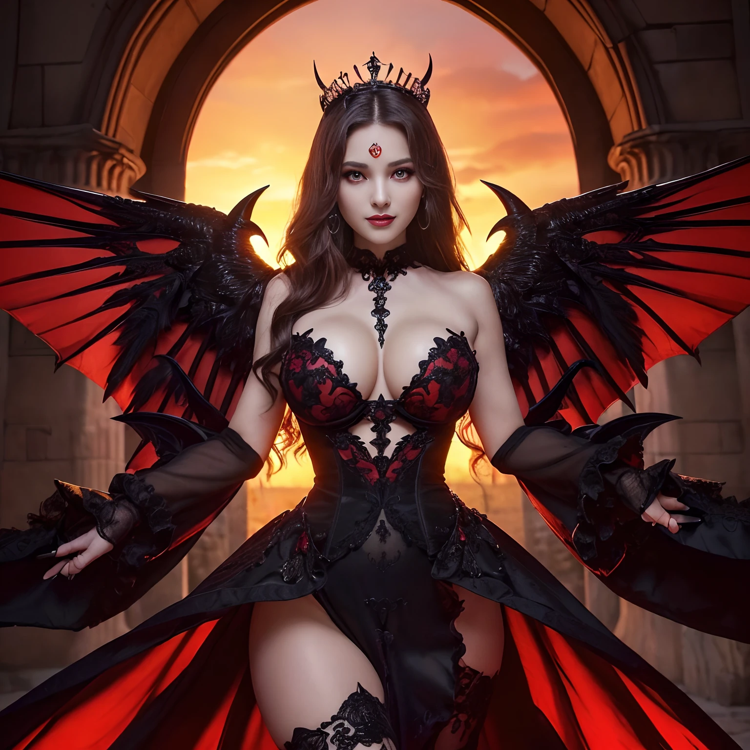 ((A very beautiful demon queen,Big Princess Dresses,Final form as a complete demon,The Devil's Masterpiece,Huge and intricate demon wings,The most dignified wings,The most intricate and luxurious gothic dresses,The most luxurious princess dresses in achievements,The most luxurious dresses,,Classy and evil dresses the most beautiful princesses in the world,The most beautiful demons,The cutest face,Intricate and solemn black dress,The background is a complex and detailed castle exterior, Majestic and beautiful devil,The most majestic appearance of the Demon Queen,Huge Queen Tiara,The most complex depictions of demons,Precise reproduction of perfect devilish details,The appearance of an unimaginably gorgeous demon,The unimaginably huge and beautiful appearance of the demon,Complex medieval European castle in the background,Against the backdrop of the sunset and the castle,Castle dyed in the sunset,Fantastic sunset,Romantic sunset,spectacular movie lighting,Sparkling sunset)),((Most beautiful face,Half Japan and half Spanish,The happiest smile,Beautiful wavy hair,The most luxurious and intricate dresses,The biggest smile staring at the camera)),(eyes glowing red,Glowing red eyes,Glowing red eyes)),Chest that seems to burst,A dress that tightens the waist,Slimed,Colossal tits,Emphasize body lines,Giant wings of the devil,The background is the exterior of a castle of flames,masutepiece,8K,very intricate,ultra-detailliert