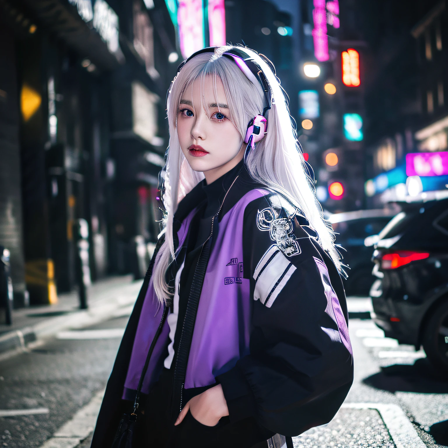 1girl, white hair, long hair, techwear masterpiece, bestquality, realistic, realism, dark purple jacket, portrait, detailed eyes, wearing headset, platinum hair, 21 year old girl, fashion pose, half body, wide shoot, on the street, cyberpunk