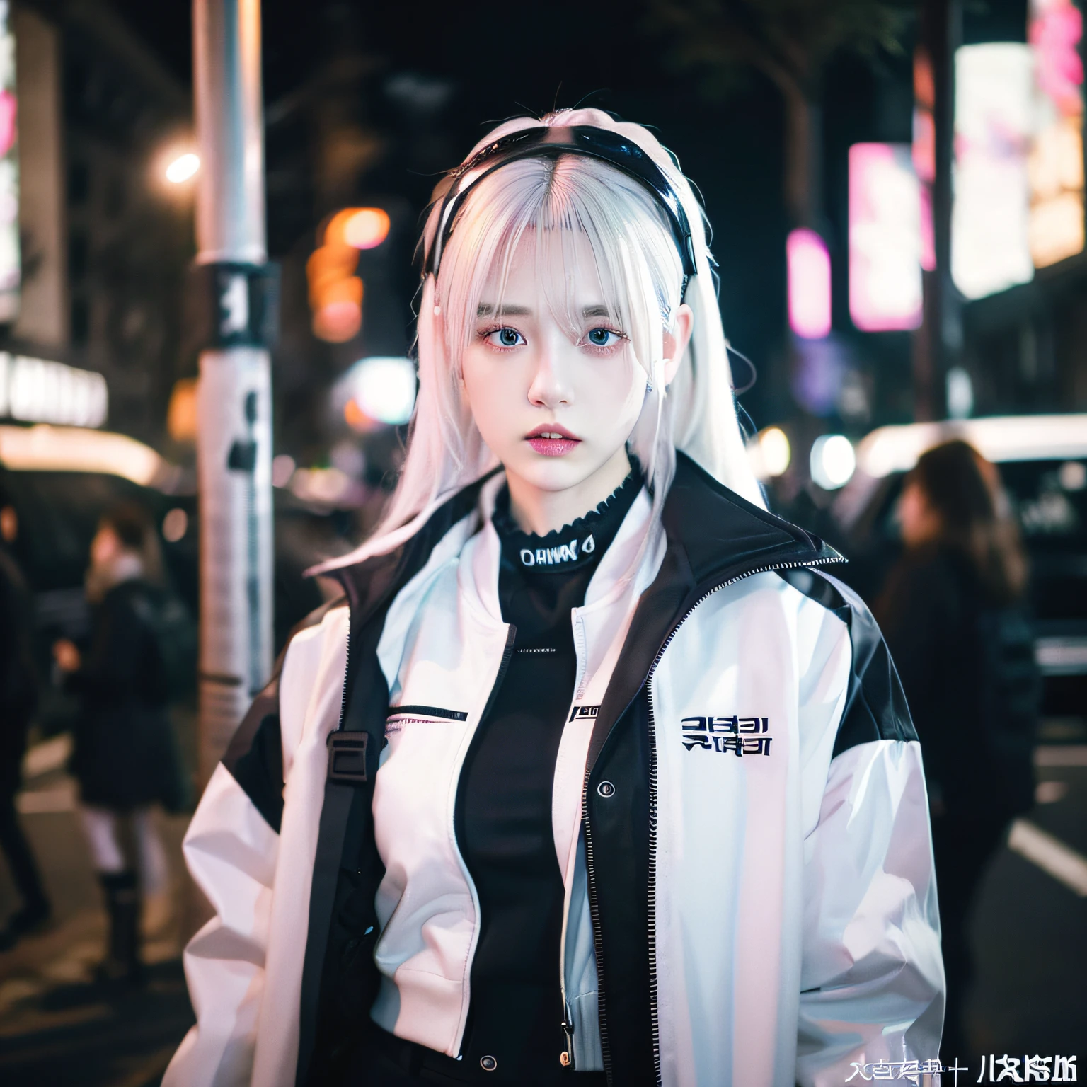 1girl, white hair, long hair, techwear masterpiece, bestquality, realistic, realism, dark purple jacket, portrait, detailed eyes, wearing headset, platinum hair, 21 year old girl, fashion pose, half body, wide shoot, on the street, cyberpunk