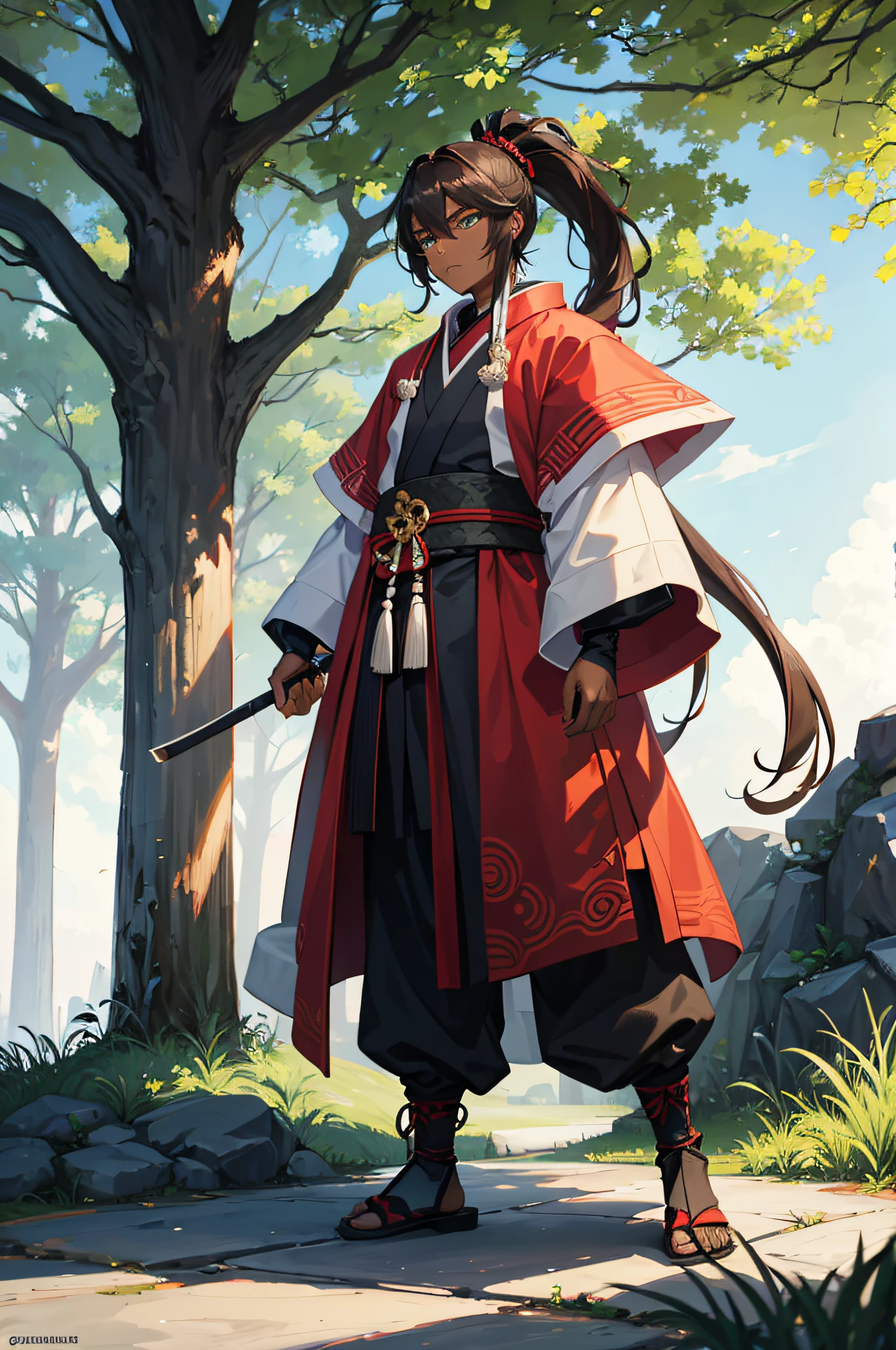 This young member of the Senju Clan stands tall at 1.82 meters with very dark skin and determined eyes. He sports long, brown hair tied in a samurai-style ponytail, complemented by unique, tree-colored green eyes. His attire reflects the clan's traditions, embodying strength and courage in his character, kid, man, full body, young, dark skin, background forest