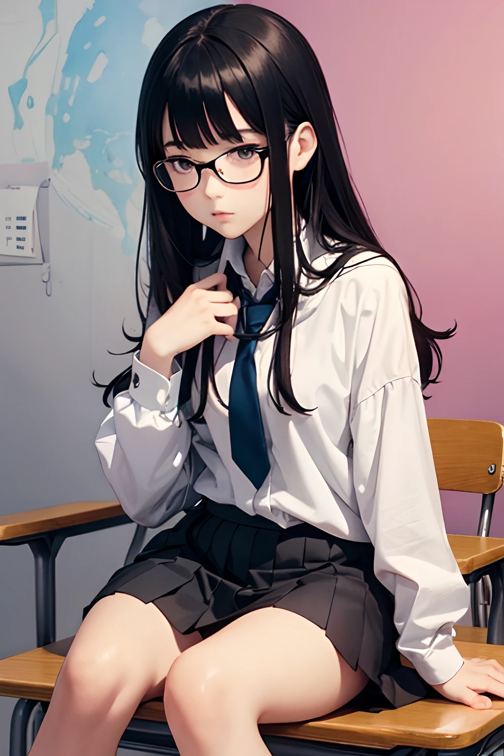 watercolor 、1girl in, Black hair, Gradient Hair, Side view, Wallpaper,eye glass、top-quality, Photorealistic, An ultra-fine illustrations, beautiful attractive anime girl, A dark-haired、Blunt bangs、Slender body, one girls, a photo of girl, Full body shot, Beautiful black eyes, Turned, in a school、Sitting at your desk、Sarah Clothes、a black pleated skirt