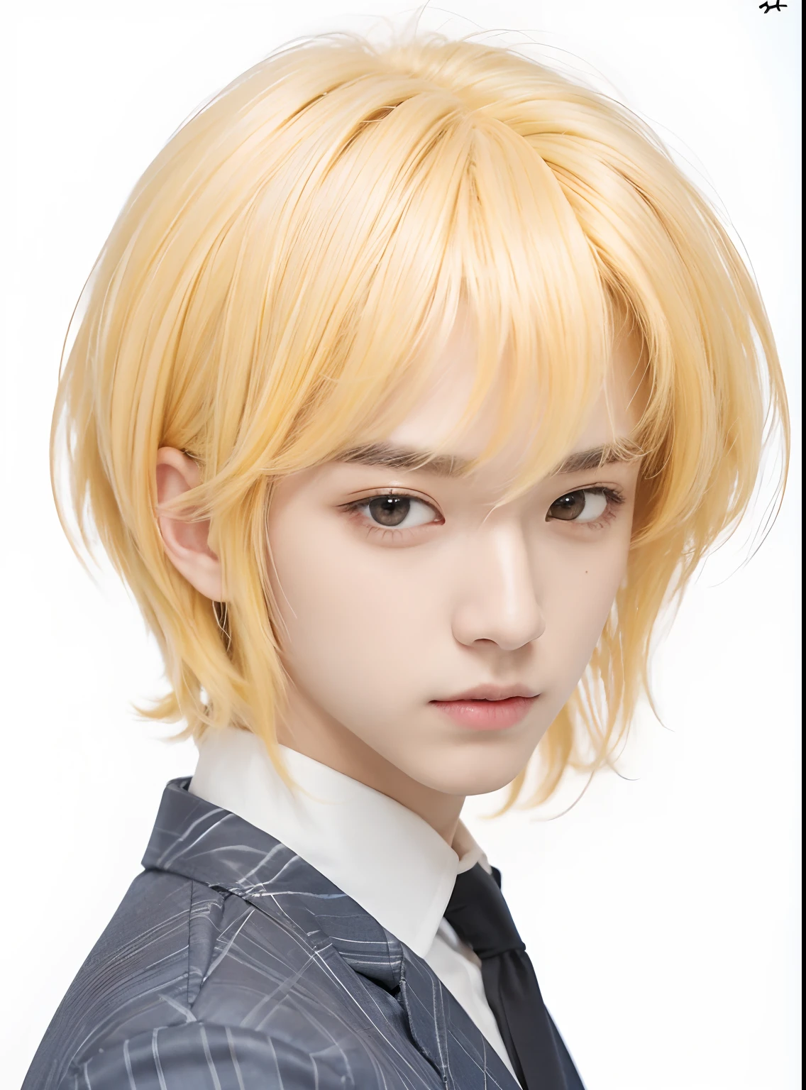 A man with realistic yellow hair,, exactly the same hairstyle, realistic yellow eyebrows, realistic Korean handsome face, realistic cool expression, adapts exactly the same clothes, realistic light,Realistic shadows, realistic background, He's a boy