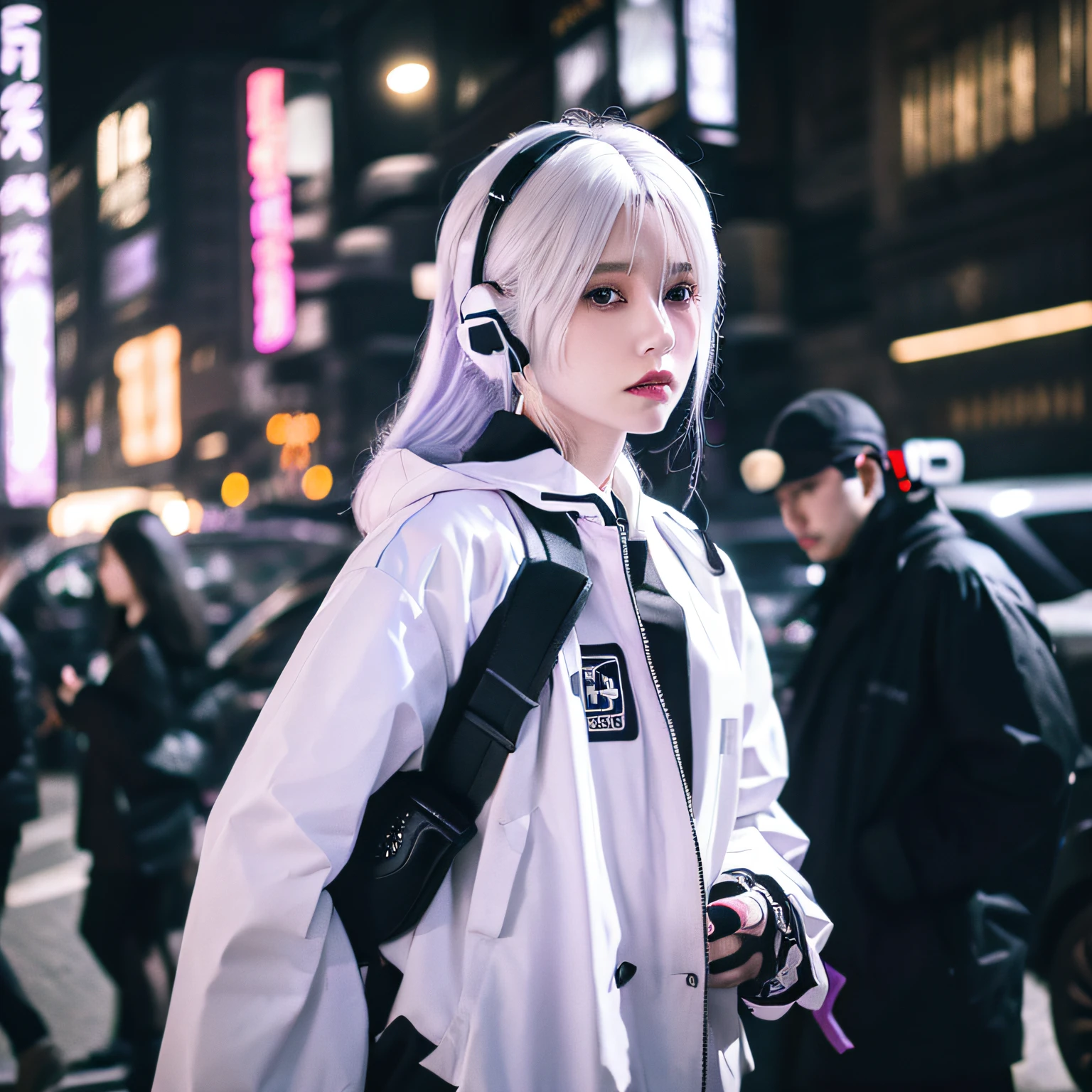 1girl, white hair, long hair, techwear masterpiece, bestquality, realistic, realism, dark purple jacket, portrait, detailed eyes, wearing headset, platinum hair, 21 year old girl, fashion pose, half body, wide shoot, on the street, cyberpunk