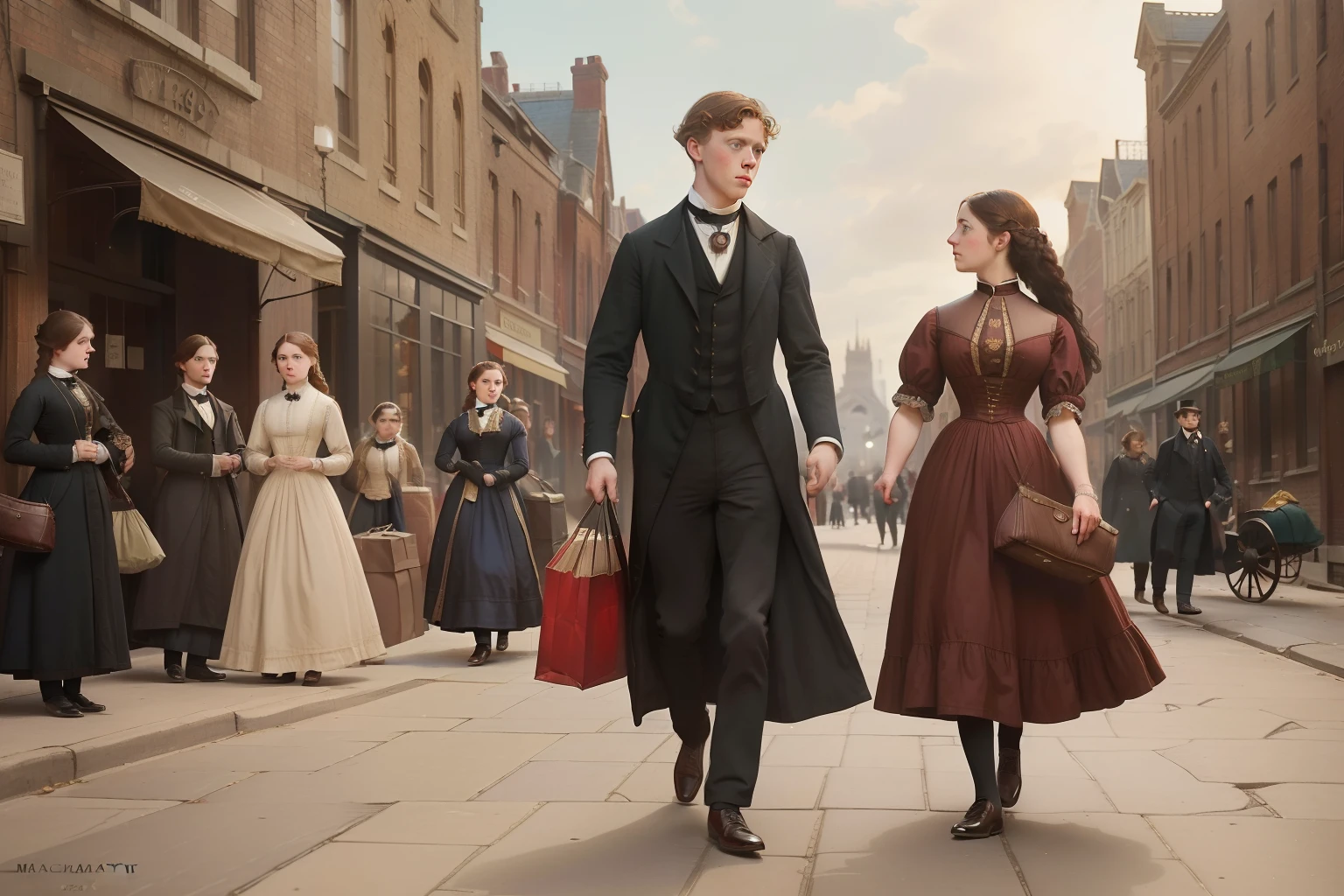 year: 1864. Location: Chicago. Pre-Raphaelite (((21-year-old George MacKay))), with a 24-year-old woman, street full of shops, bags and packages, ((((Clothing from the 1860s)))) ((Hairstyle of the 1860s)), ((("OMITB" cinematography)))
