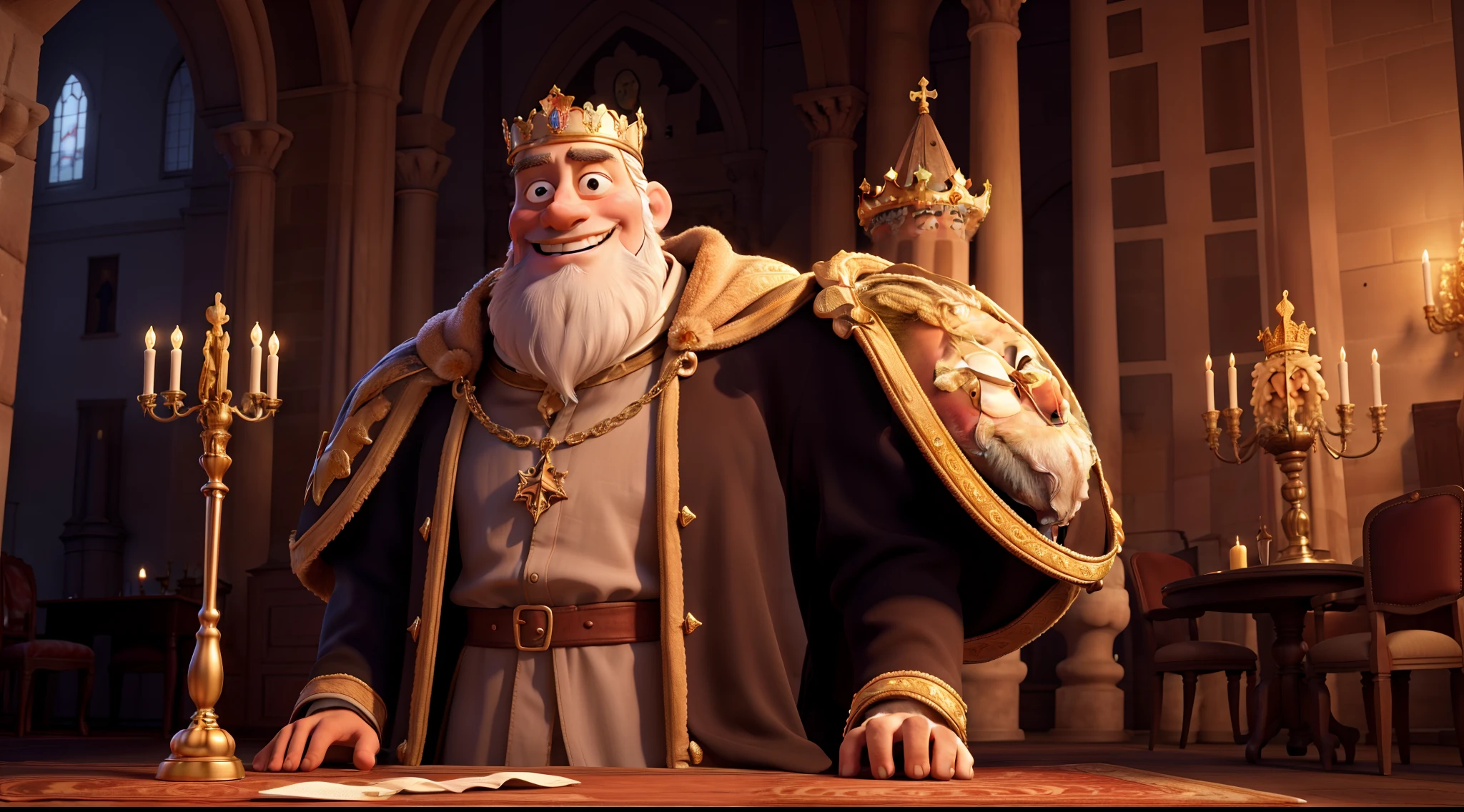 King Charlemagne, tall, imposing, looks at the room, illuminated face, castle, smiles