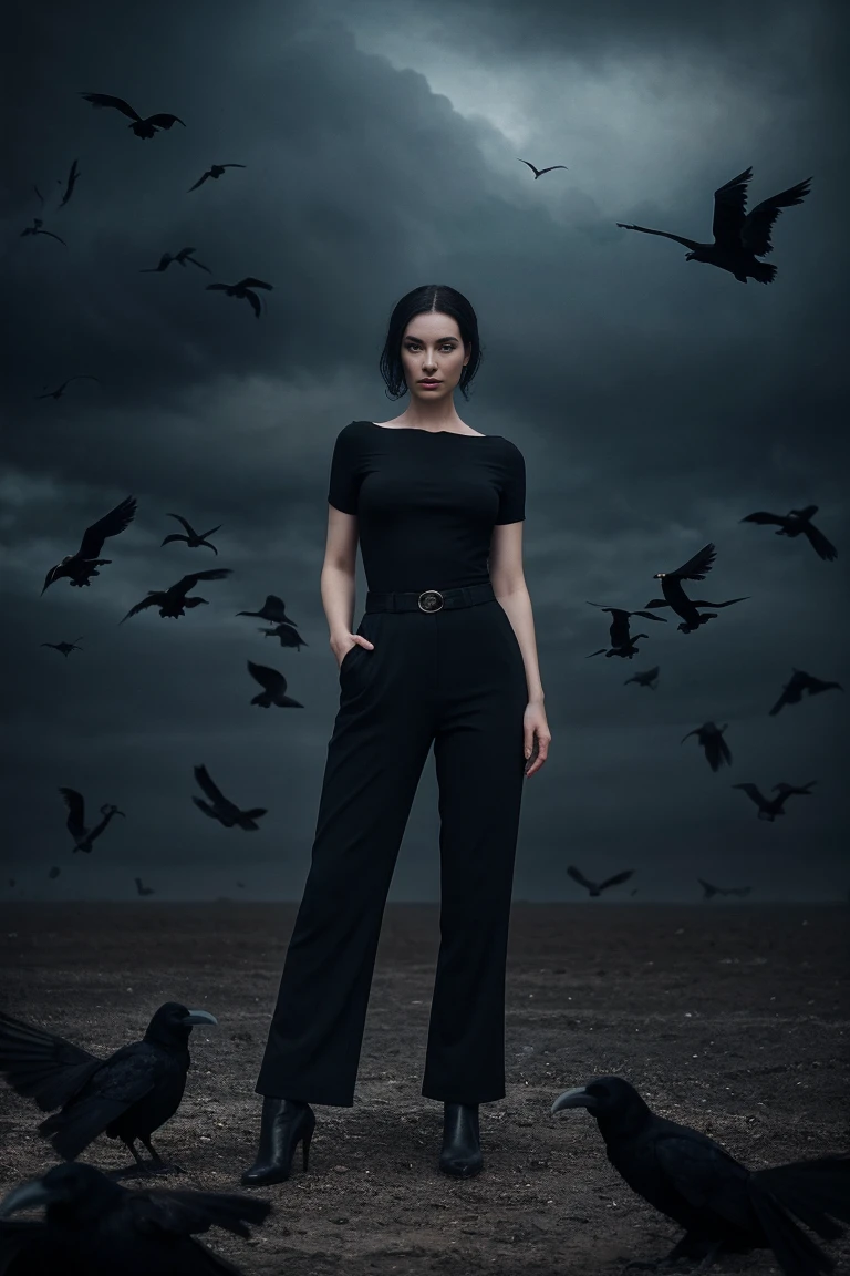 arafed woman in black top and pants standing in front of birds, flora borsi, among ravens, by Galen Dara, ravens stormy sky of foreboding, with a crow on her shoulder, photography alexey gurylev, swarms of ravens, crows, photography alexey kurylev, inspired by Richard Avedon, promo shot
