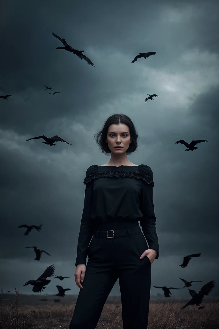 arafed woman in black top and pants standing in front of birds, flora borsi, among ravens, by Galen Dara, ravens stormy sky of foreboding, with a crow on her shoulder, photography alexey gurylev, swarms of ravens, crows, photography alexey kurylev, inspired by Richard Avedon, promo shot