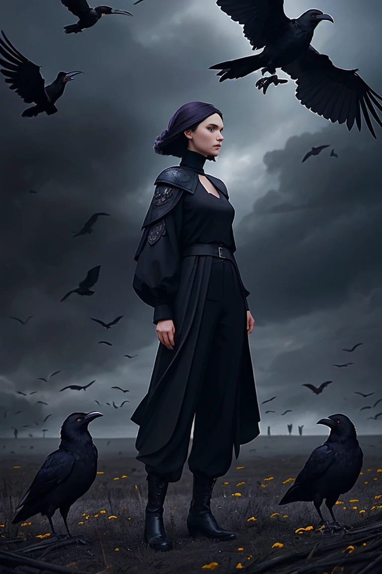 arafed woman in black top and pants standing in front of birds, flora borsi, among ravens, by Galen Dara, ravens stormy sky of foreboding, with a crow on her shoulder, photography alexey gurylev, swarms of ravens, crows, photography alexey kurylev, inspired by Richard Avedon, promo shot