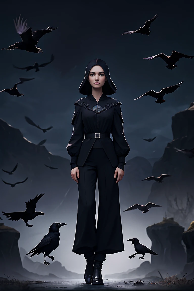 arafed woman in black top and pants standing in front of birds, flora borsi, among ravens, by Galen Dara, ravens stormy sky of foreboding, with a crow on her shoulder, photography alexey gurylev, swarms of ravens, crows, photography alexey kurylev, inspired by Richard Avedon, promo shot