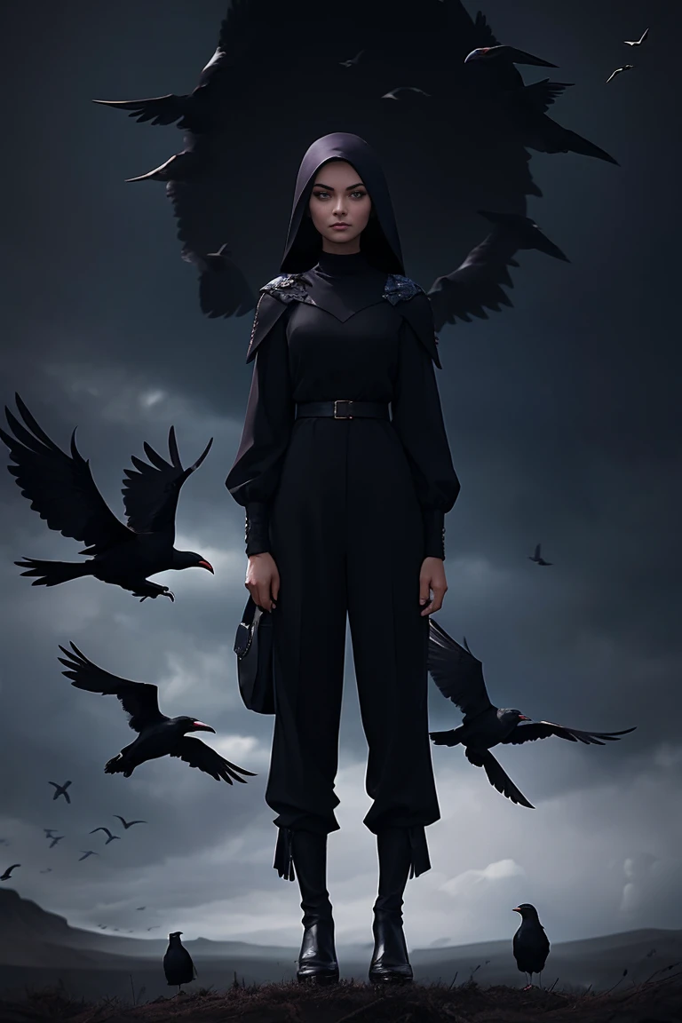 arafed woman in black top and pants standing in front of birds, flora borsi, among ravens, by Galen Dara, ravens stormy sky of foreboding, with a crow on her shoulder, photography alexey gurylev, swarms of ravens, crows, photography alexey kurylev, inspired by Richard Avedon, promo shot