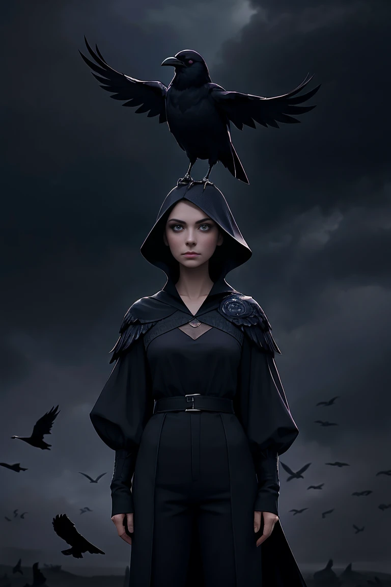 arafed woman in black top and pants standing in front of birds, flora borsi, among ravens, by Galen Dara, ravens stormy sky of foreboding, with a crow on her shoulder, photography alexey gurylev, swarms of ravens, crows, photography alexey kurylev, inspired by Richard Avedon, promo shot