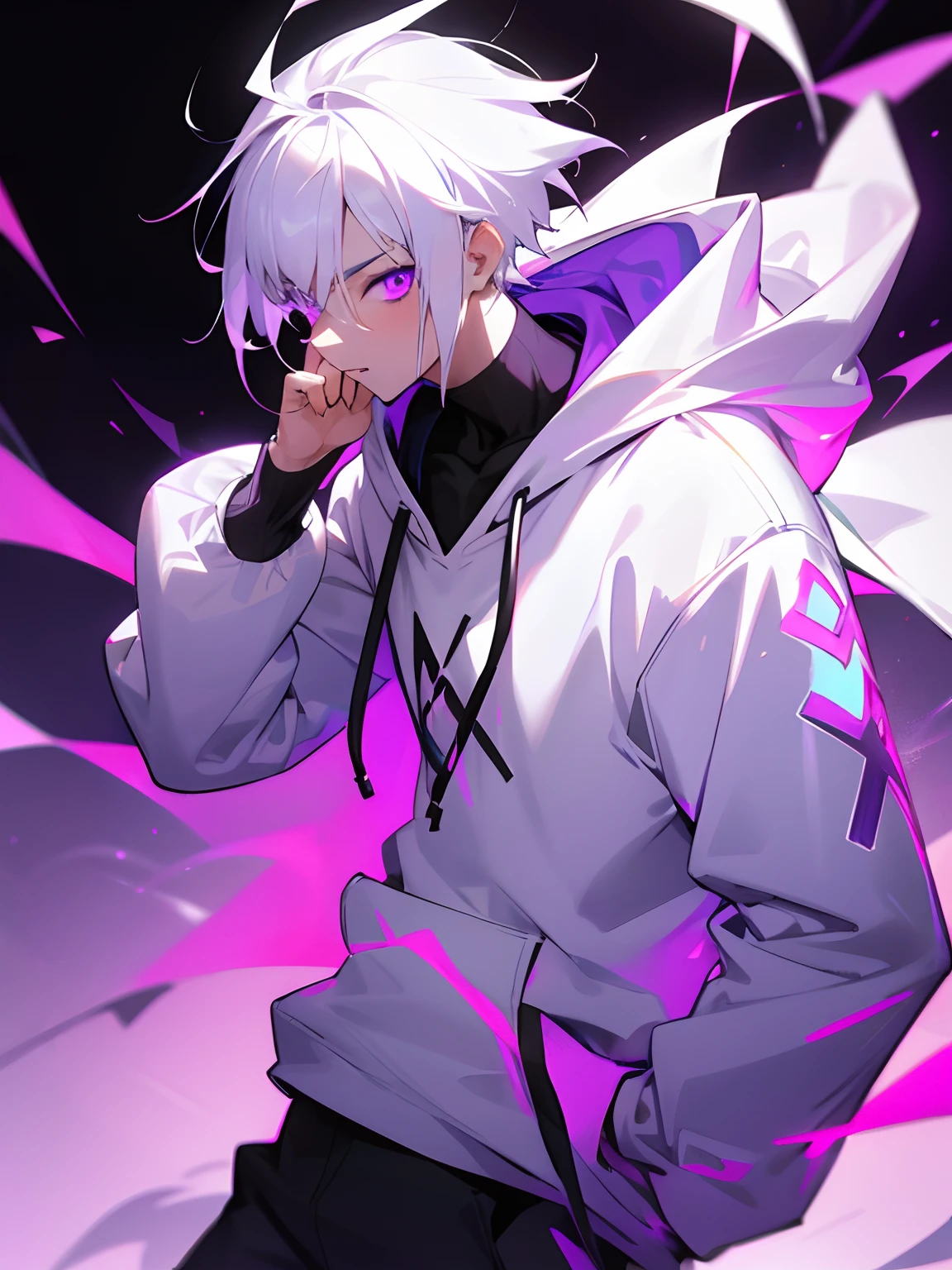 Boy with white hair glowing purple radiant eyes wearing a stylish fashion hoodie
