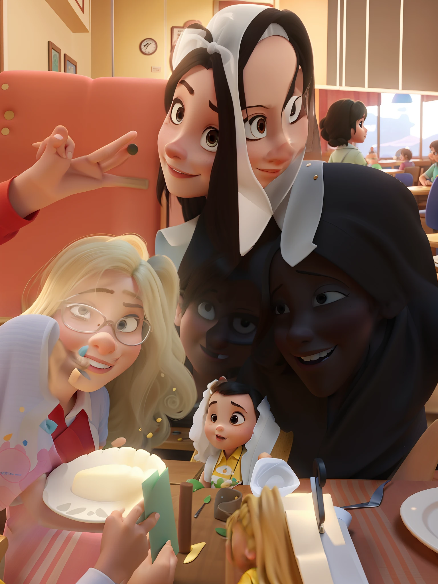 a woman and two children, num restaurante, no estilo Disney Pixar, alta qualidade, melhor qualidade