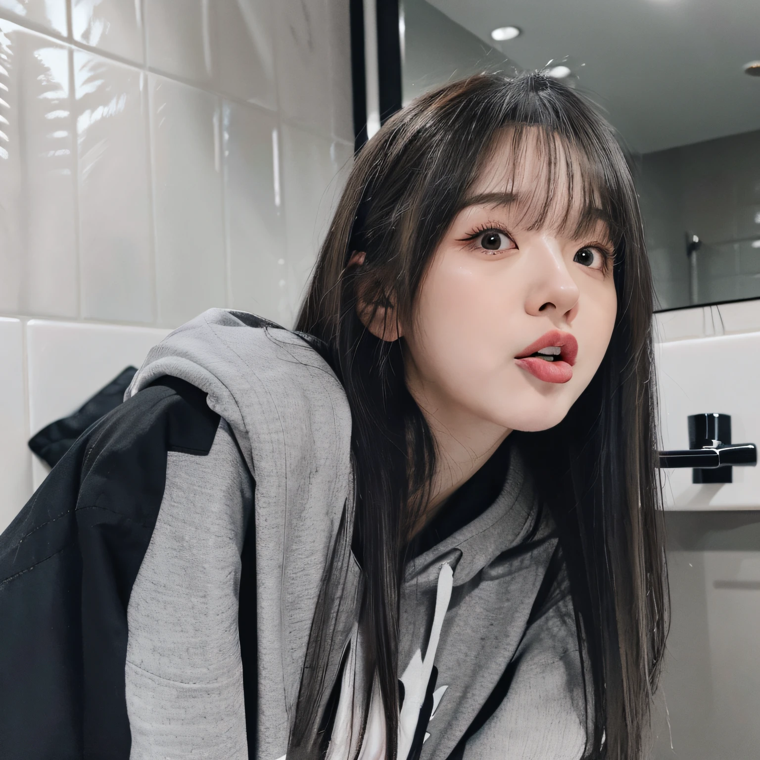 there is a woman sticking her tongue out in a bathroom, long ashy hair, straight grey hair, dark gray hair, some grey hair, tongue out, grey hair, bbwchan, long grey hair, thicc, asian girl with long hair, half asian, black and grey, with dark grey hair, cloudy grey hair, 2 7 