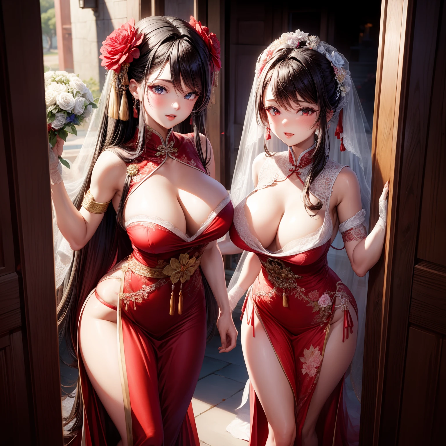 （8K ，Hyper-detailing，Ultra photo realsisim，Best Masterpiece，naturey，Perfect artwork，Perfect female body），Two cute busty girls ，（large tities），Antique flower wedding，Antique flower wedding，Chinese red wedding dress，Phoenix Guanxia，Stylish hairstyle，Elegant and ???? bride，On a quaint street，Dress up in a ???? vintage red wedding dress，Built-in ????? panties，Large cleavage，，Stretch meat，Raised ????，The ????? is exposed ，???，full body shot of