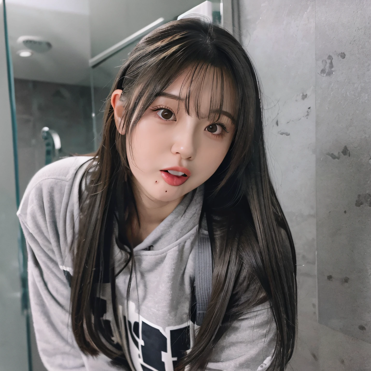 there is a woman sticking her tongue out in a bathroom, long ashy hair, straight grey hair, dark gray hair, some grey hair, tongue out, grey hair, bbwchan, long grey hair, thicc, asian girl with long hair, half asian, black and grey, with dark grey hair, cloudy grey hair, 2 7 