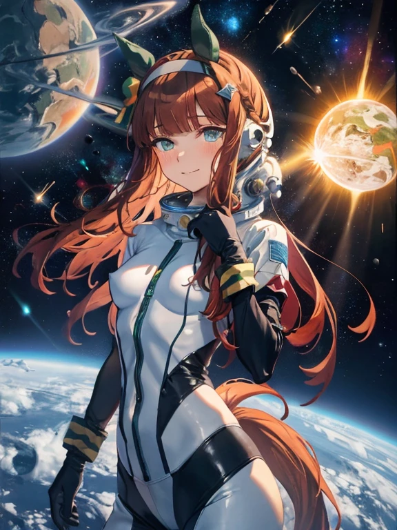 topquality, Horse Girl, Quiet Suzuka, ((Uma Musume))), Perfect Skin, real looking skin, Detail skin, 8K, (breasts are small:1.4)Cosmana Nafta Costume, (Pour into the air), Girls look at us, ssmile, Joying, Brown hair, Hair long, cyan eyes, Horse ears, Horse's tail on the hip, It's hard to breathe, space suits, Outer space, earth in space, The Sun in Space, light reflections, Stars
