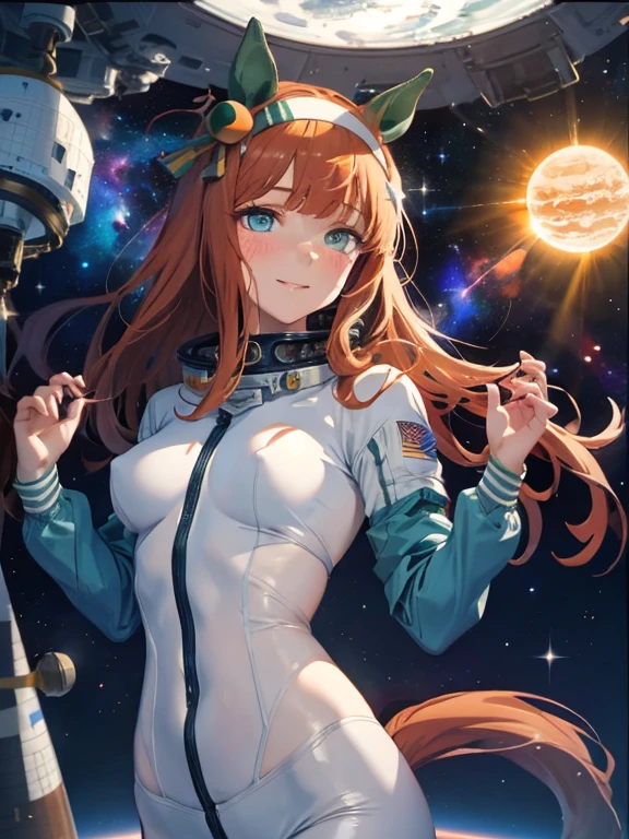 topquality, Horse Girl, Quiet Suzuka, ((Uma Musume))), Perfect Skin, real looking skin, Detail skin, 8K, (breasts are small:1.4)Cosmana Nafta Costume, (Pour into the air), Girls look at us, ssmile, Joying, Brown hair, Hair long, cyan eyes, Horse ears, Horse's tail on the hip, It's hard to breathe, space suits, Outer space, earth in space, The Sun in Space, light reflections, Stars