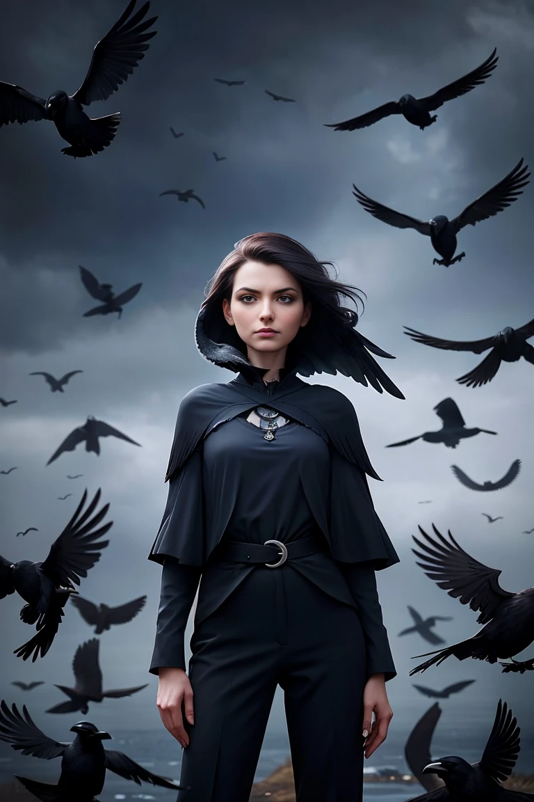 arafed woman in black top and pants standing in front of birds, flora borsi, among ravens, by Galen Dara, ravens stormy sky of foreboding, with a crow on her shoulder, photography alexey gurylev, swarms of ravens, crows, photography alexey kurylev, inspired by Richard Avedon, promo shot