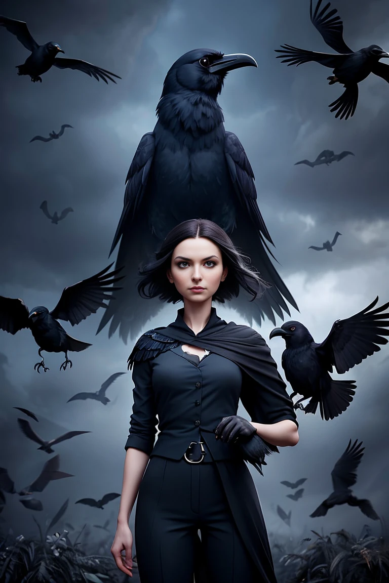 arafed woman in black top and pants standing in front of birds, flora borsi, among ravens, by Galen Dara, ravens stormy sky of foreboding, with a crow on her shoulder, photography alexey gurylev, swarms of ravens, crows, photography alexey kurylev, inspired by Richard Avedon, promo shot
