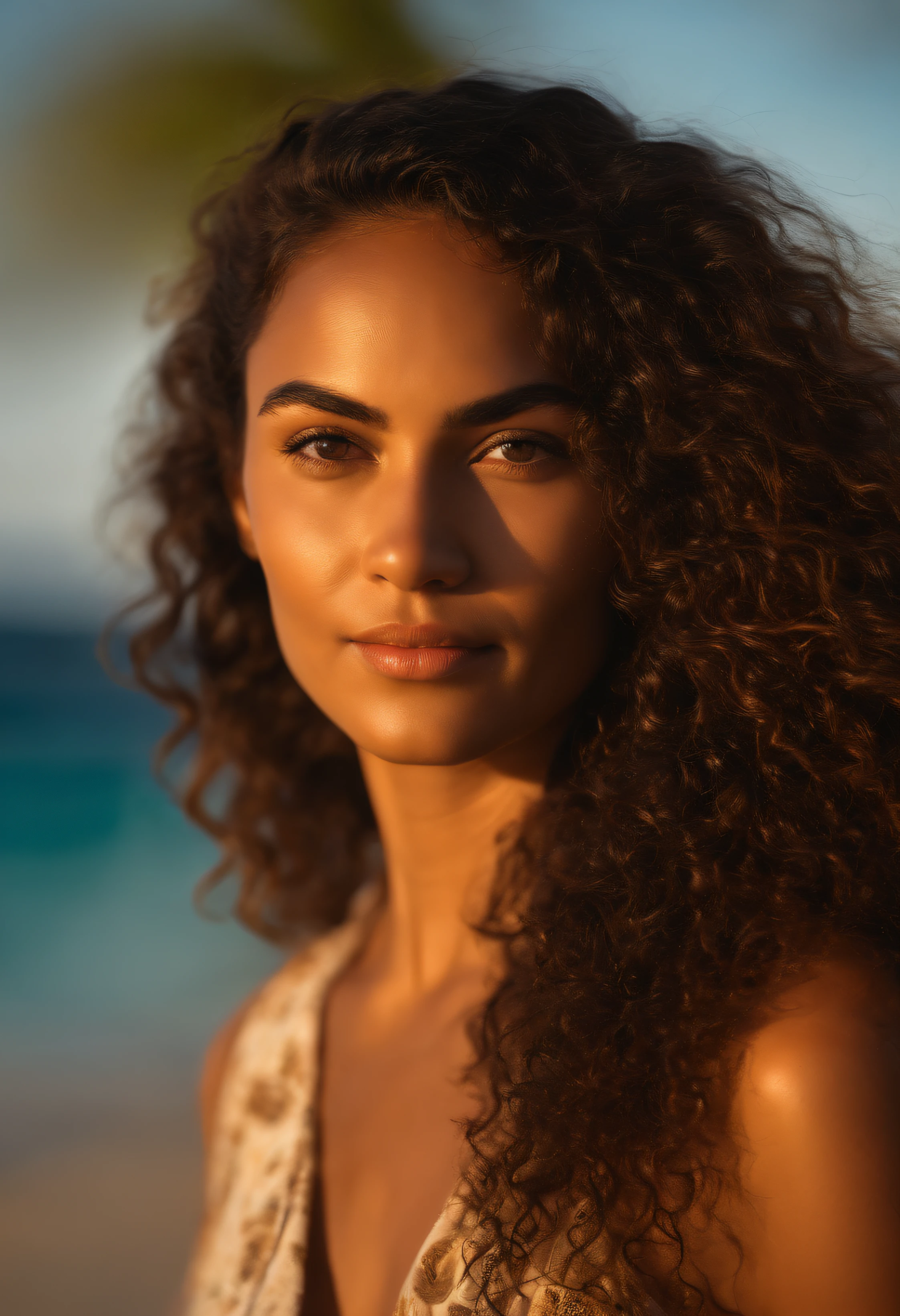 REALISTIC POTRAIT OF A WOMEN , TAHITI ISALAND WOMEN , CURLY HAIRS , SHINY SKINS , BEAUTIFUL EYES , MATCHING TOP AND BOTTAM BEACH WEAR , GOLDENHOUR LIGHTING