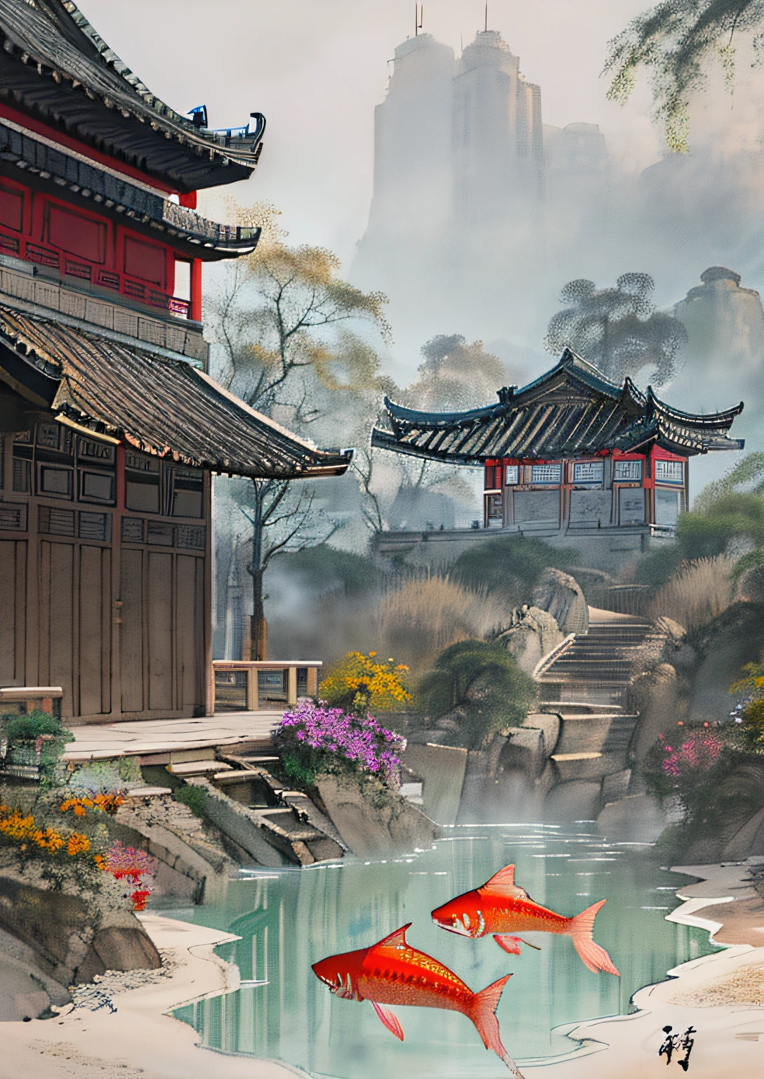 huaniao, [(white background:1.5)::5], mid shot, full body, chinese style, flowers,((fish)),stone fragment, beautiful detailed water,pool,