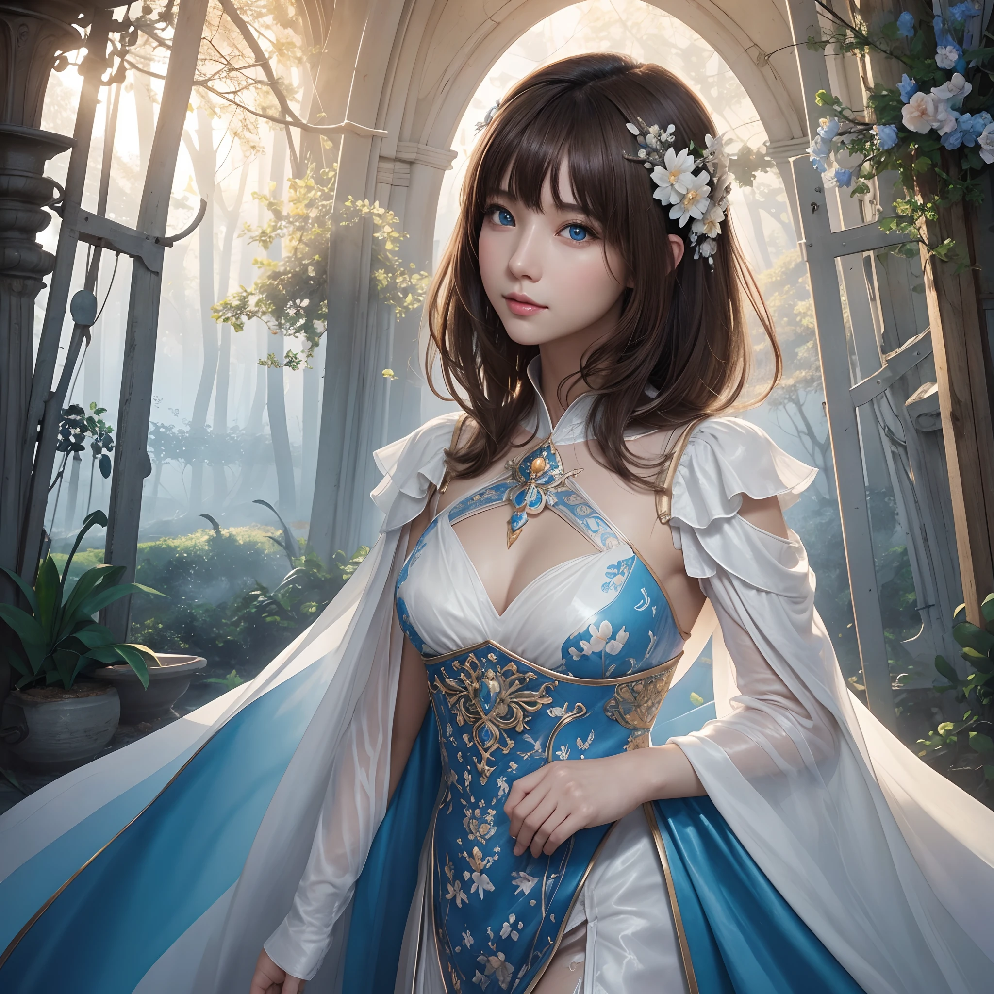 hightquality、8K Ultra HD、fullllbody、1 16-year-old female、Beautiful Finger、Gentle smile、Diagonal direction、robe blanche、light brown hair、Blue eyes、(Lovely healing forest and flower field in the background)、cute little、Beautiful fece、portlate、Antique architecture、Idyllic forest、art by:Alberto Seveso、Symmetrical、Abstract art style、Complex and intricate watercolor painting 、digitial painting、concept-art、Volumetric lighting、TanvirTamim、metal reflective、2d render、8K。 by artgerm、Trending on ArtStation
