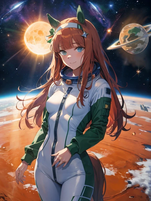 topquality, Horse Girl, Quiet Suzuka, ((Uma Musume))), Perfect Skin, real looking skin, Detail skin, 8K, (breasts are small:1.4)Cosmana Nafta Costume, (Pour into the air), Girls look at us, ssmile, Joying, Brown hair, Hair long, cyan eyes, Horse ears, Horse's tail on the hip, It's hard to breathe, space suits, Outer space, earth in space, The Sun in Space, light reflections, Stars