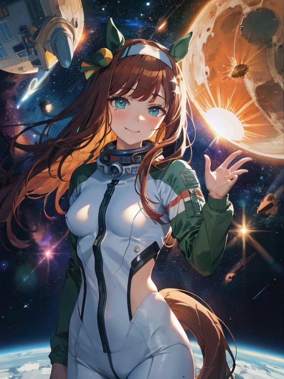 topquality, Horse Girl, Quiet Suzuka, ((Uma Musume))), Perfect skin, realisic skin, Detail Skin, 8K, (Breasts are small:1.4)Cosmanafta Costume, (pouring in the air), The girl looks at us, ssmile, joying, brown hair, hairlong, Cyan eyes, horse ears, ponytail on the lower back, it's hard to breathe, spacesuit, outer space, Earth in space, The Sun in Space, light reflection, Stars, Visibility in space, The girl weighs in the air