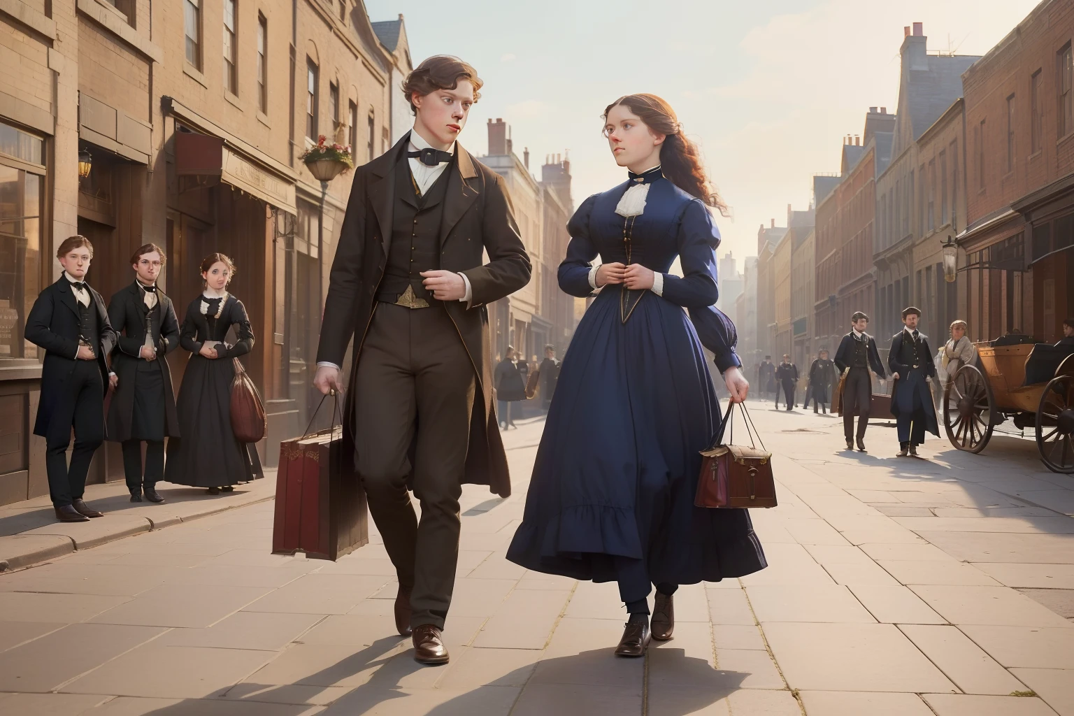 year: 1864. Location: Chicago. Pre-Raphaelite (((21-year-old George MacKay))), with a 24-year-old woman, street full of shops, bags and packages, ((((Clothing from the 1860s)))) ((Hairstyle of the 1860s)), ((("OMITB" cinematography)))