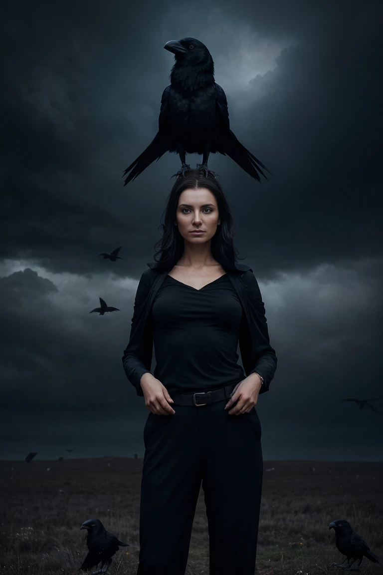 arafed woman in black top and pants standing in front of birds, flora borsi, among ravens, by Galen Dara, ravens stormy sky of foreboding, with a crow on her shoulder, photography alexey gurylev, swarms of ravens, crows, photography alexey kurylev, inspired by Richard Avedon, promo shot