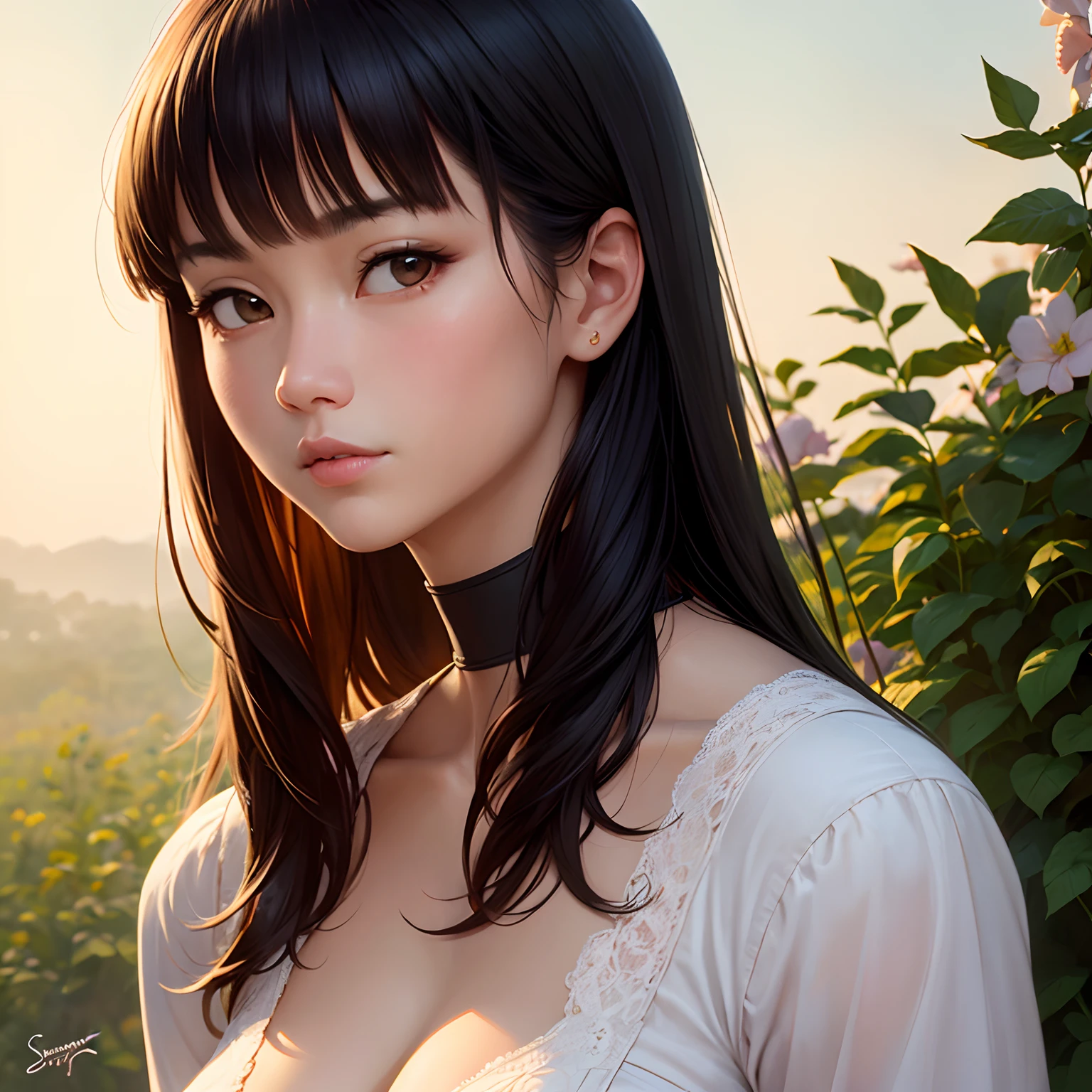 {{{{masterpiece}}}}, {{{best quality}}}, {{highres}}, {{beautiful detailed hair detailed face}}, 1girl, solo, (asian face), lingerie wearing, choker, gigantic breasts, perfect feminine face, blushing, nose blushing, olive eyes, flat face, expressionless, long straight black hair, blunt bangs, symmetrical bangs, beautiful detailed hair detailed face, sharp focus, volumetric lighting, gergous and very charming woman, by sakimichan and alphonse mucha and gil elvgren and william-adolphe bouguereau and greg rutkowski and george kamitani and ilya kuvshinov, outdoor, realistic, oil on canvas, oil painting and digital painting, look at viewer banned:abstract, ugly,duplicate,morbid,mutilated, lowres, bad anatomy, bad hands, text, error, missing fingers, extra digit, fewer digits, cropped, worst quality, low quality, normal quality, signature, watermark, username, doll, photo, grayscale, series,logo,missing arms,longbody,bad fingers seed: