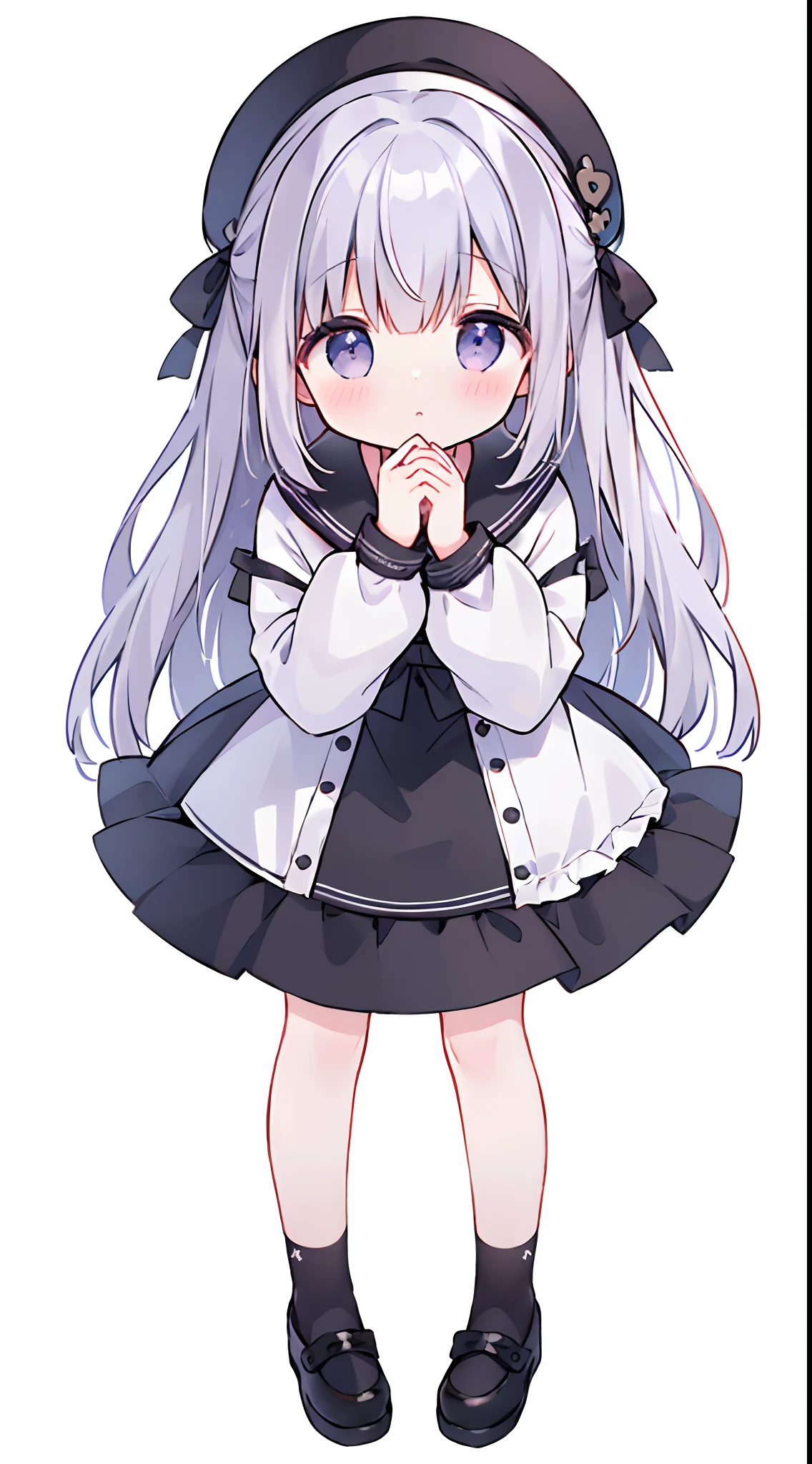 ((Masterpiece,8K,Top image quality,hiquality,Best Quality))Light purple gray hair,Black eyes,Black sailor suit,cute little,Lori,girl1,full bodyesbian,shoe,Half Twin,Standing Picture,Background white,Hands down,(Pure white background),(Highlights in the eyes,),without background,Background white,