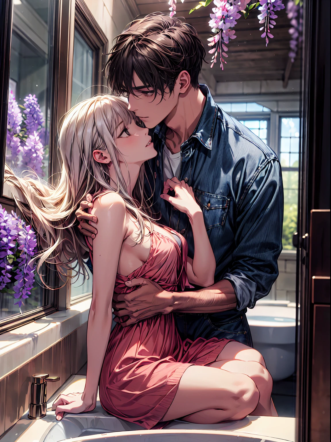 ((absurdres, higher, ultra HD)) 1 male, 1 female,mature, kissing each other, girl is sit on the wash basin, guy is front of her slightly bend towards her, man is shirtless, wearing blue jeans ,woman wearing beautiful pink dress, wisteria flower around them, beautiful, scenary, romantic,((calm and romantic expression:1.2)) ,pixiv, digital painting, mascular man, beautiful elegant woman, (gray stylish hair for man), (brown long hair for woman)