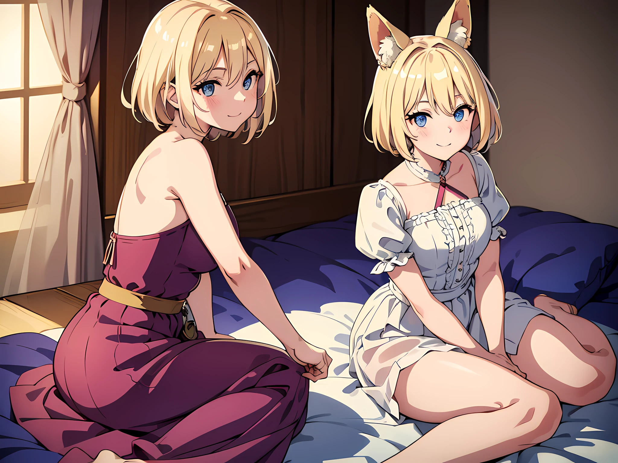 1 fox eared girl, (beautiful eyes finely detailed, Face to detail, blonde hair color, short hair), wearing 16th century outfit, long skirt, sitting on bed with arms behind her back, mischievous facial expression, smiling, blush on her face, camera angle from top, full body, masterpiece sidelighting, masterpiece, top-quality, detailed, High resolution illustration