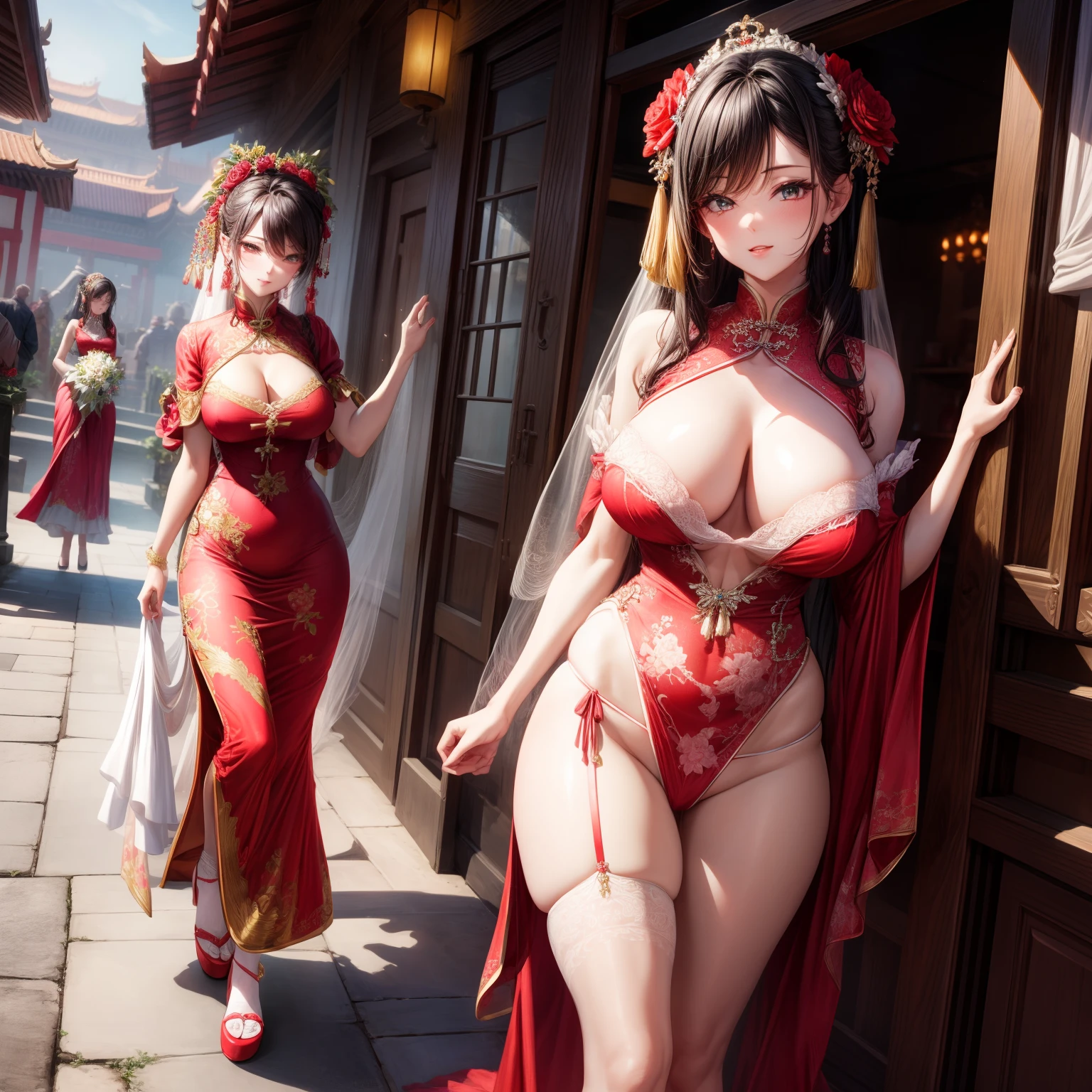 (8K ,Hyper-detailing,Ultra photo realsisim,Best Masterpiece,naturey,Perfect artwork,Perfect female body),Two cute busty girls ,(large tities),Antique flower wedding,Antique flower wedding,Chinese red wedding dress,Phoenix Guanxia,Stylish hairstyle,Elegant and sexy bride,On a quaint street,Dress up in a sexy vintage red wedding dress,Built-in thong panties,Large cleavage,,Stretch meat,Raised sexy,The kinky is exposed ,tit,full body shot of