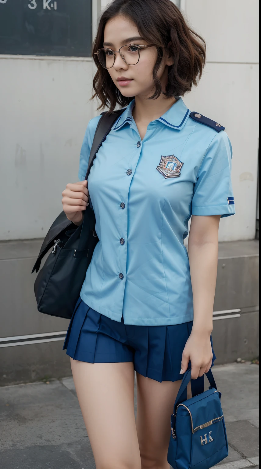 (Best Quality, 8k, 32k, Masterpiece, UHD:1.3), (kpop idol:1.3), 1 Girl, (short wavy hair), (wearing indonesian high school uniform), Ultra Detailed Face, Detailed Lips, Fine Eyes, double eyelids, (aroused:1.5)) , wearing uniform school, uniform school, wearing glasses, wearing school bag, walking on school, perfect poses, wearing shoes, uniform school, school pants, bag full of books