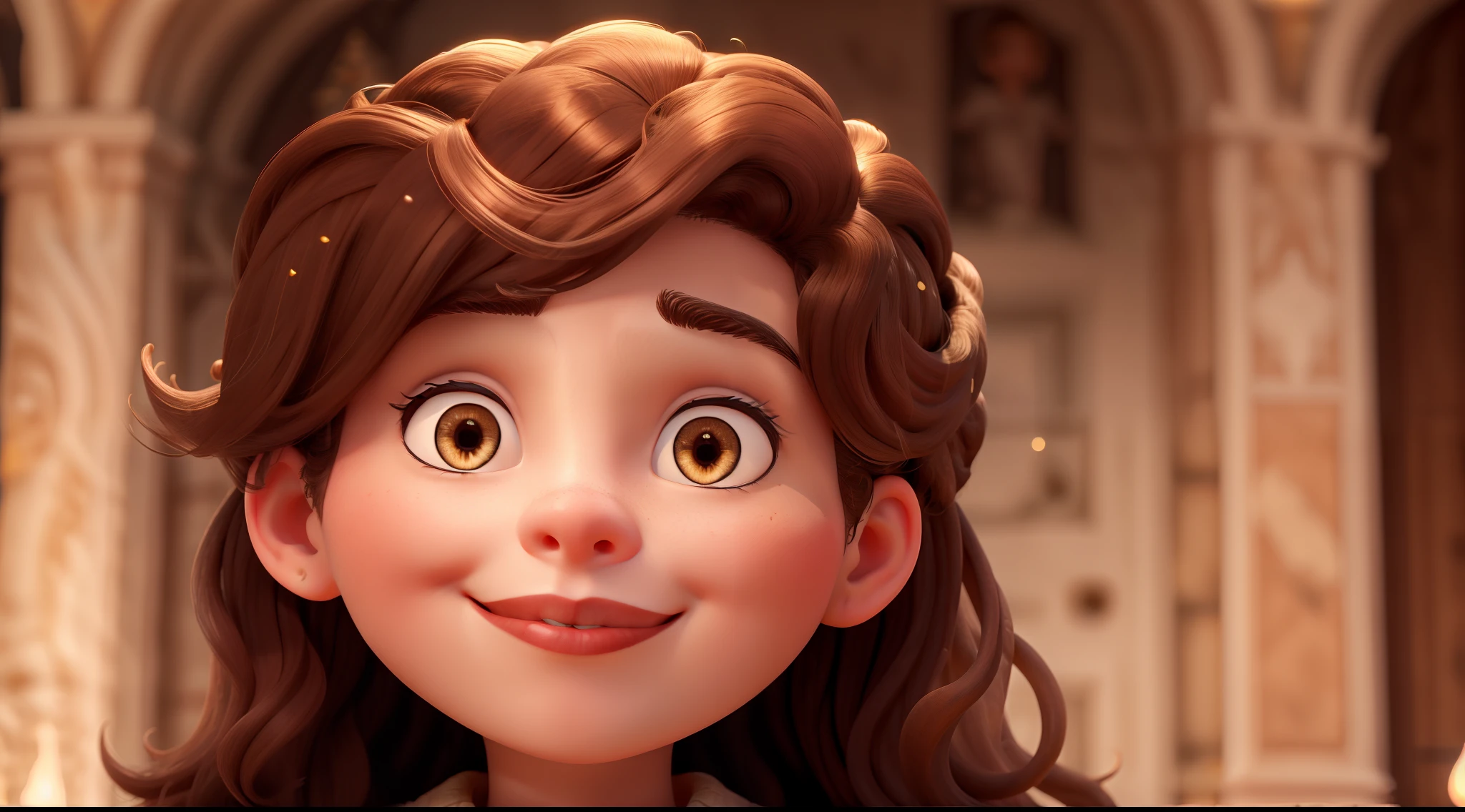 the queen, daughter of Charlemagne, wavy brown hair, bright eyes, illuminated face