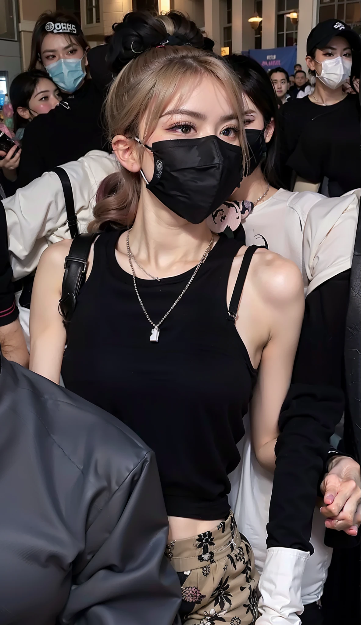 A closeup of a person wearing a face mask and a black top, she is wearing a black tank top, jia, jossi do blackpink, neck zoomed in, KDA, wearing all black mempo mask, Cl, vestindo roupas pretas, visible neck, vestindo roupas pretas, usando uma regata preta cropped, Parque Roseanne do Blackpink