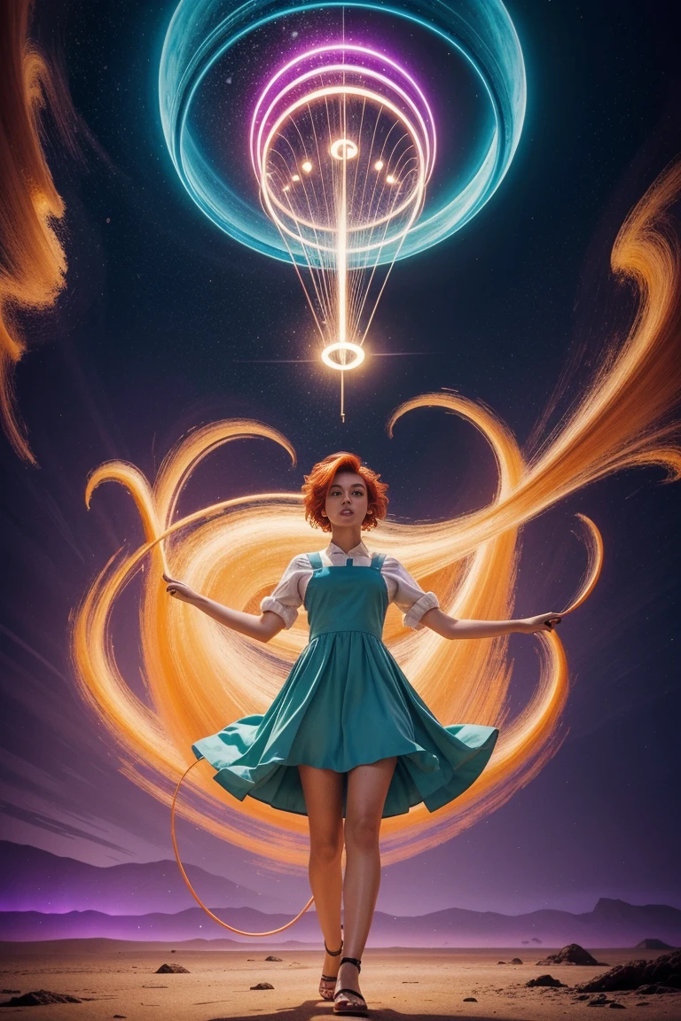 concept art, overhead angle of a Will-o'-the-wisp, wearing Funny Somali Emerald deep orange Pinafore, Caramel hair styled as Short hair, fluorescent purple Hair tie, equirectangular 360, Highres,  [(art by Willi Baumeister:1.1), (art by John T. Biggers:1.2)::17], official art, unity 8k wallpaper, ultra detailed, aesthetic, masterpiece, best quality, photorealistic