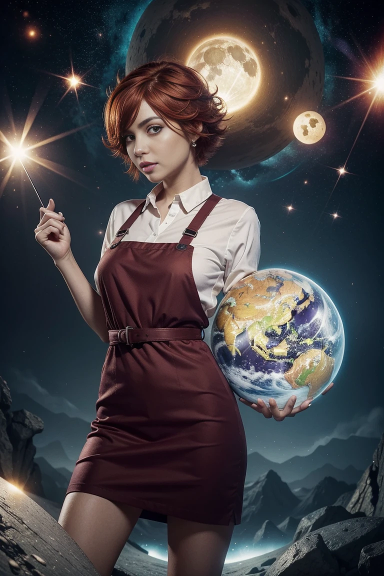 concept art, overhead angle of a Will-o'-the-wisp, wearing Funny Somali Emerald deep orange Pinafore, Caramel hair styled as Short hair, fluorescent purple Hair tie, equirectangular 360, Highres,  [(art by Willi Baumeister:1.1), (art by John T. Biggers:1.2)::17], official art, unity 8k wallpaper, ultra detailed, aesthetic, masterpiece, best quality, photorealistic