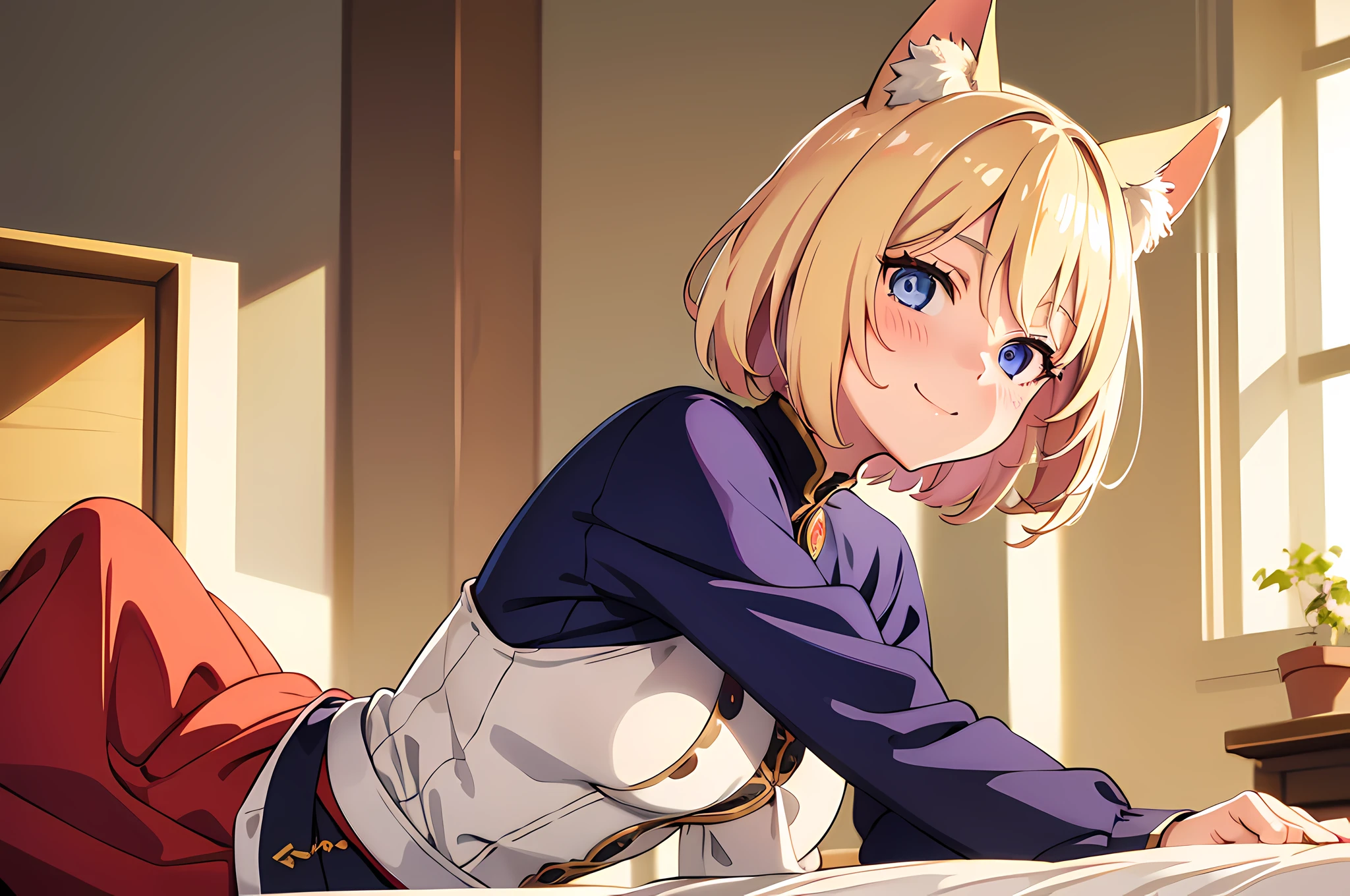 1 fox eared girl, beautiful eyes finely detailed, Face to detail, blonde hair color, short hair, 16th century outfit, long skirt, sitting on bed with arms behind her back, mischievous facial expression, smiling, blush on her face, camera angle from top, full body, masterpiece sidelighting, masterpiece, top-quality, detailed, High resolution illustration