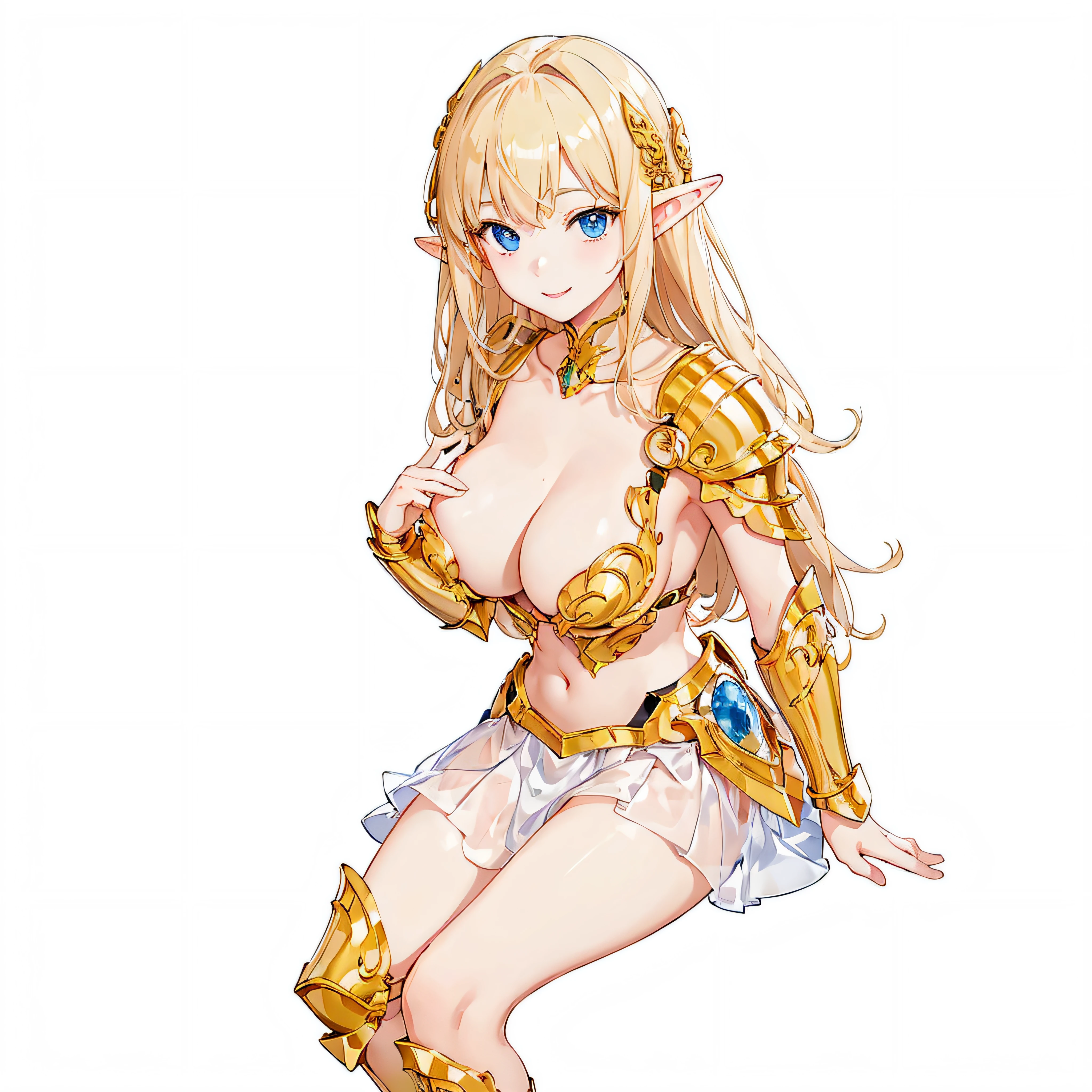 masterpiece、top-quality、ighly detailed、hight resolution、16k、fullnude、Boob proportions、golden armour、Very thin skirt、Full body like、Very white skin、Beautiful fingers、Anime girl with very big breasts posing naked、Perfect Style、elvish、no-bra、Blonde blue-eyed、A smile、An elf girl