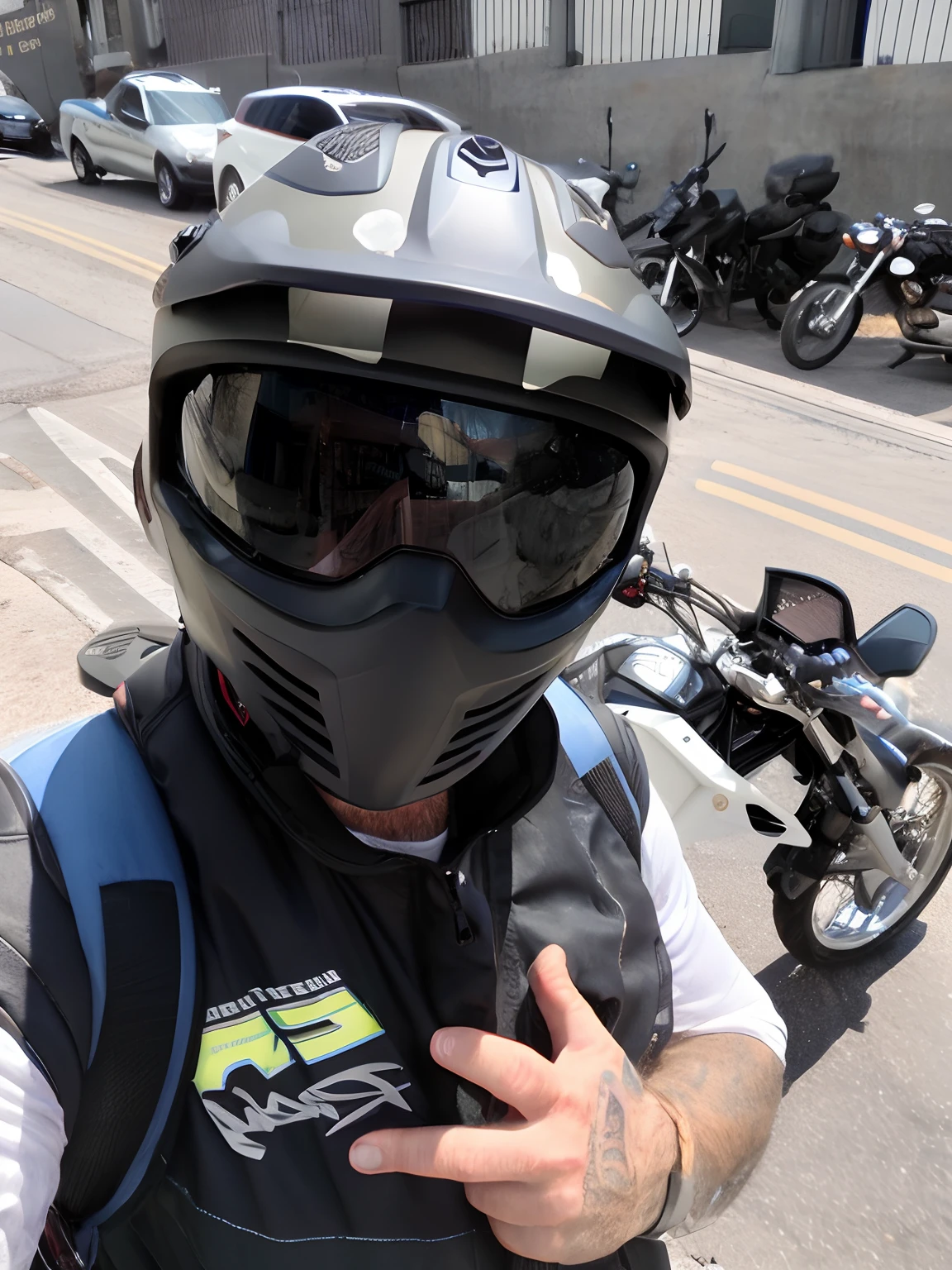 Biker with helmet and goggles giving peace sign, capacete no rosto, usando um capacete redondo, Telefone!! held up to visor, usando capacete, usando capacete, sem capacete, reflexo do telefone na viseira, capacete ligado, capacete da motocicleta, reflection on helmet, sem capacete!!!!, sem capacete, viseira escura cobrindo o rosto, pilotando uma motocicleta, Meio capacete, capacete completo