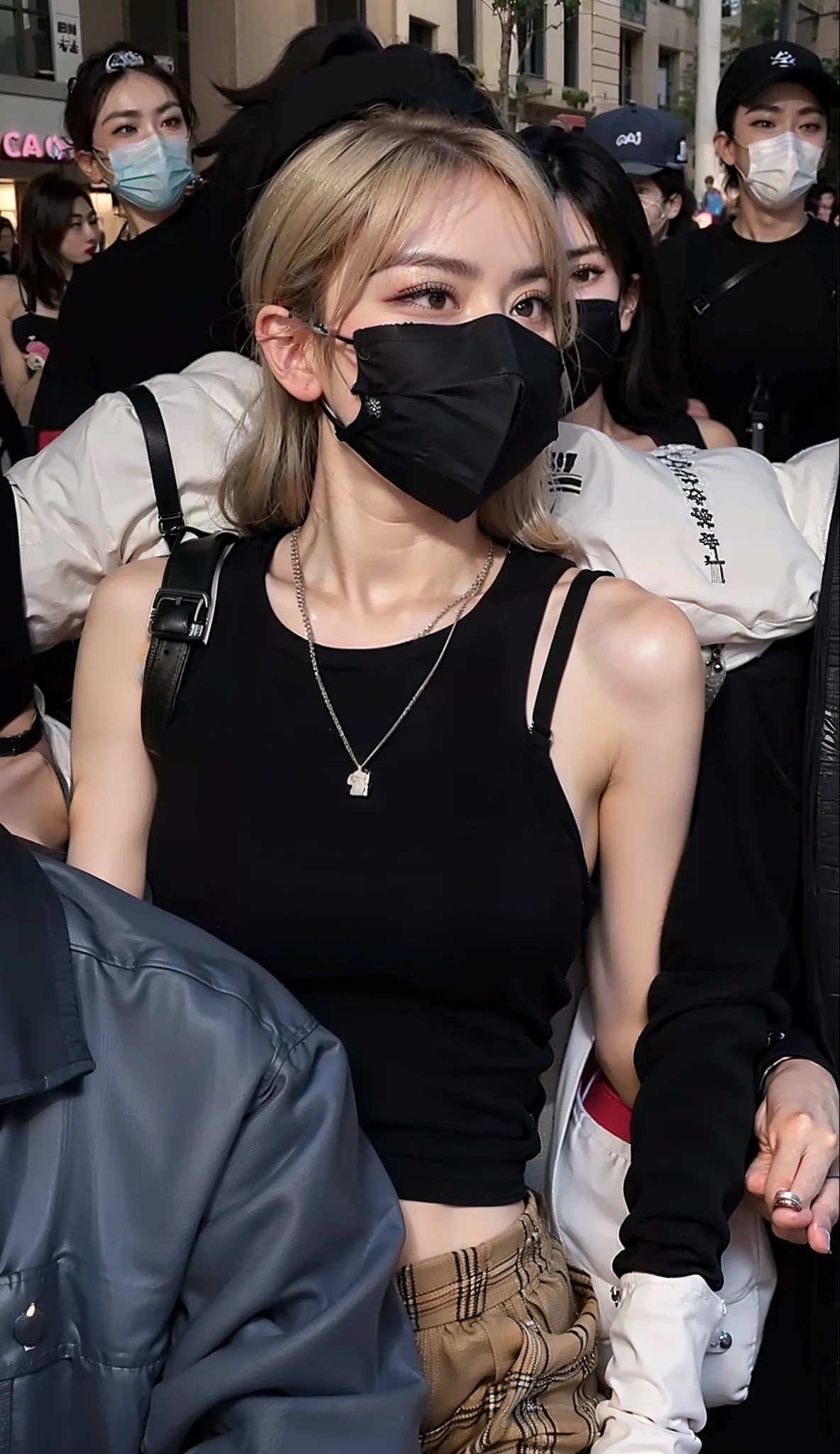A closeup of a person wearing a face mask and a black top, she is wearing a black tank top, jia, jossi do blackpink, neck zoomed in, KDA, wearing all black mempo mask, Cl, vestindo roupas pretas, visible neck, vestindo roupas pretas, usando uma regata preta cropped, Parque Roseanne do Blackpink